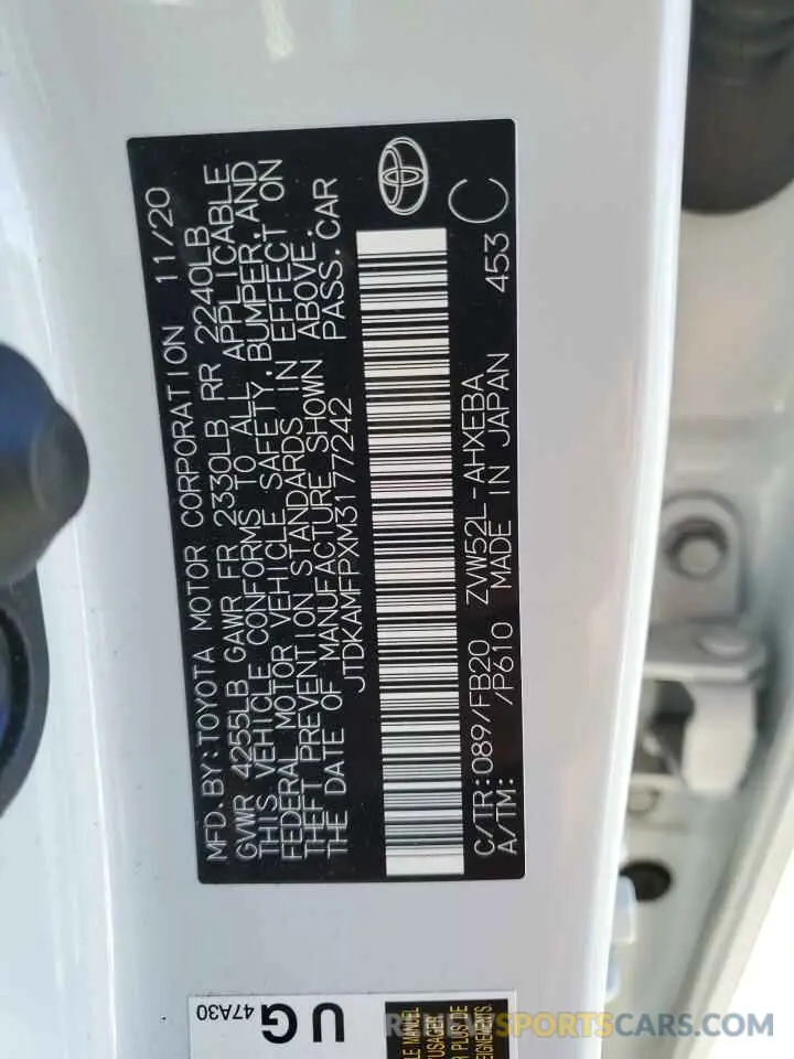 13 Фотография поврежденного автомобиля JTDKAMFPXM3177242 TOYOTA PRIUS 2021
