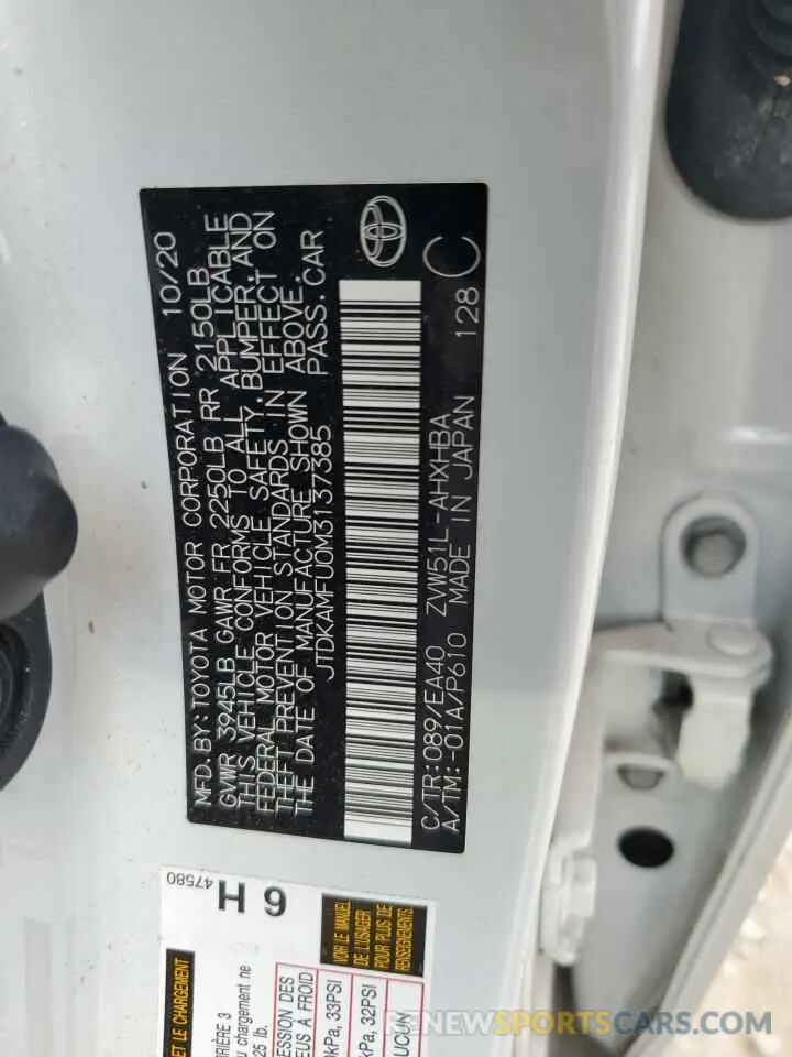 14 Фотография поврежденного автомобиля JTDKAMFU0M3137385 TOYOTA PRIUS 2021
