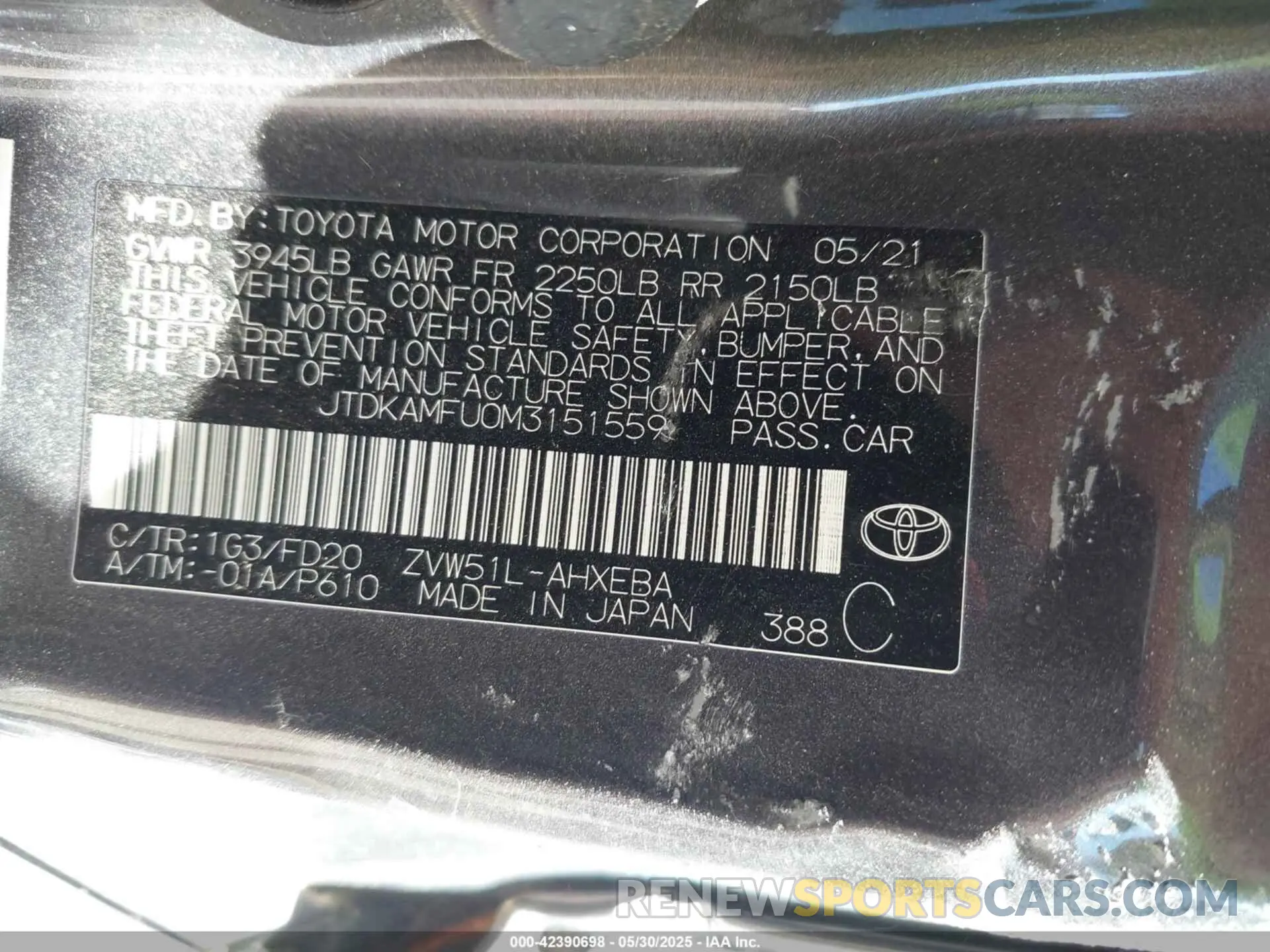9 Фотография поврежденного автомобиля JTDKAMFU0M3151559 TOYOTA PRIUS 2021