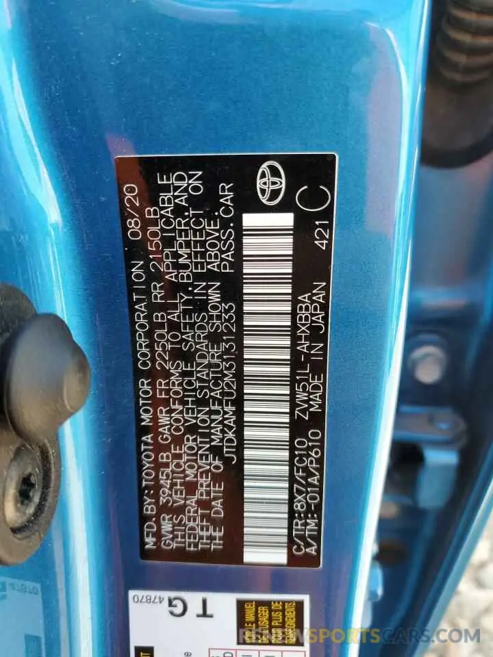 12 Фотография поврежденного автомобиля JTDKAMFU2M3131233 TOYOTA PRIUS 2021