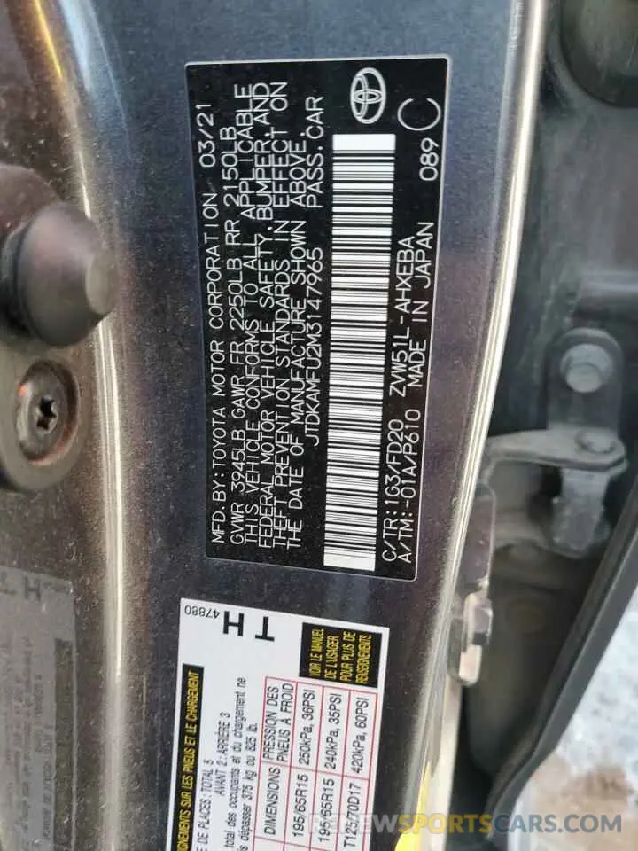 13 Фотография поврежденного автомобиля JTDKAMFU2M3147965 TOYOTA PRIUS 2021