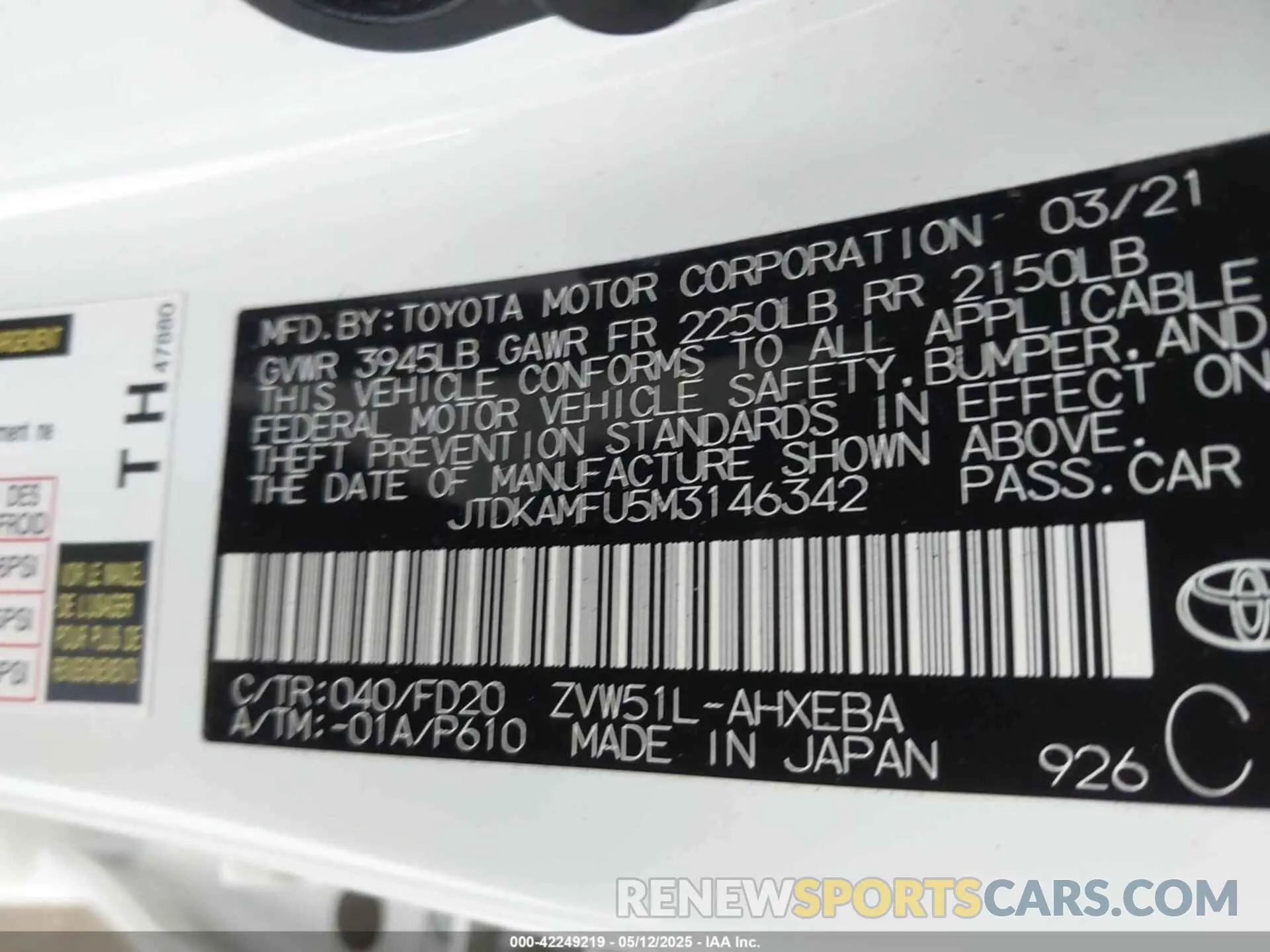 9 Фотография поврежденного автомобиля JTDKAMFU5M3146342 TOYOTA PRIUS 2021
