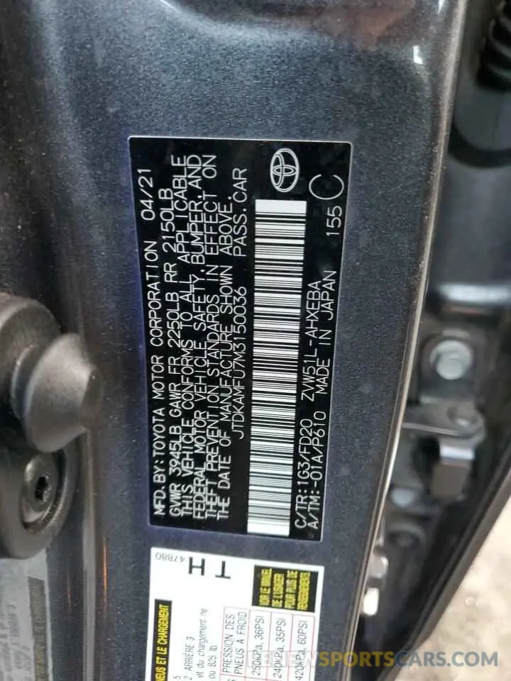 12 Фотография поврежденного автомобиля JTDKAMFU7M3150036 TOYOTA PRIUS 2021