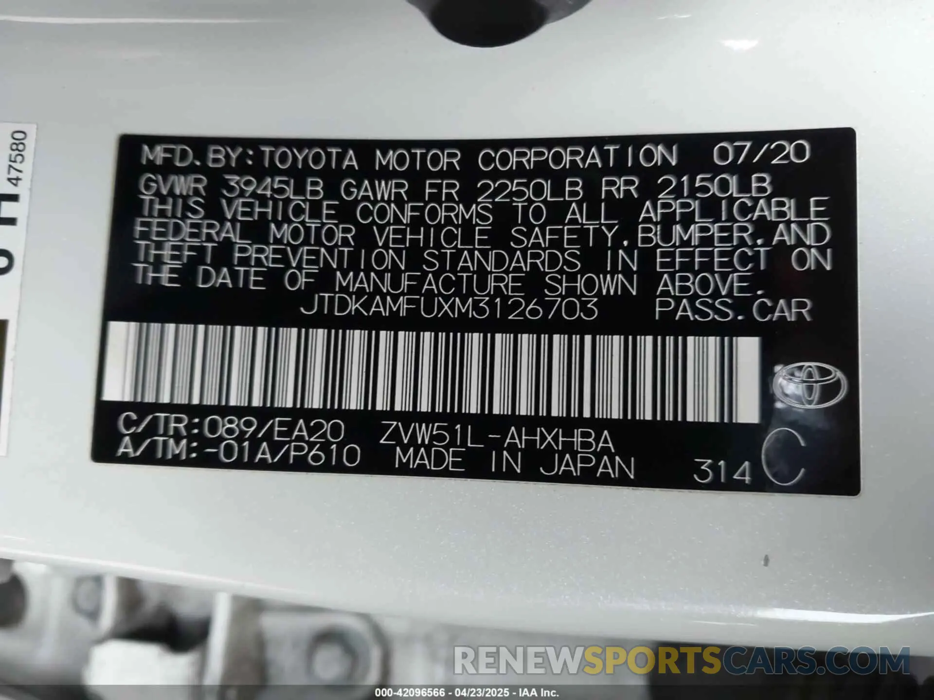 9 Фотография поврежденного автомобиля JTDKAMFUXM3126703 TOYOTA PRIUS 2021