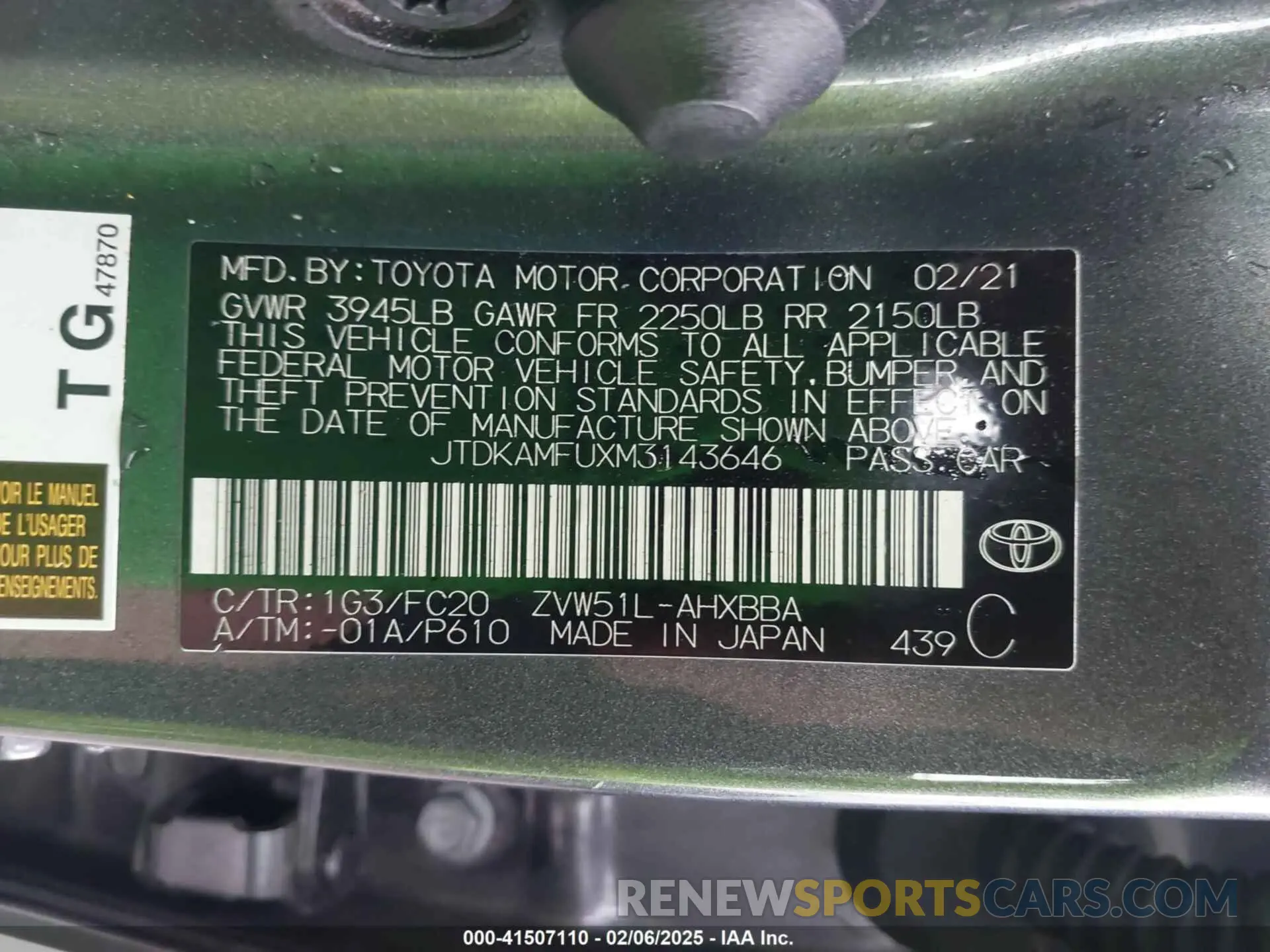 9 Фотография поврежденного автомобиля JTDKAMFUXM3143646 TOYOTA PRIUS 2021