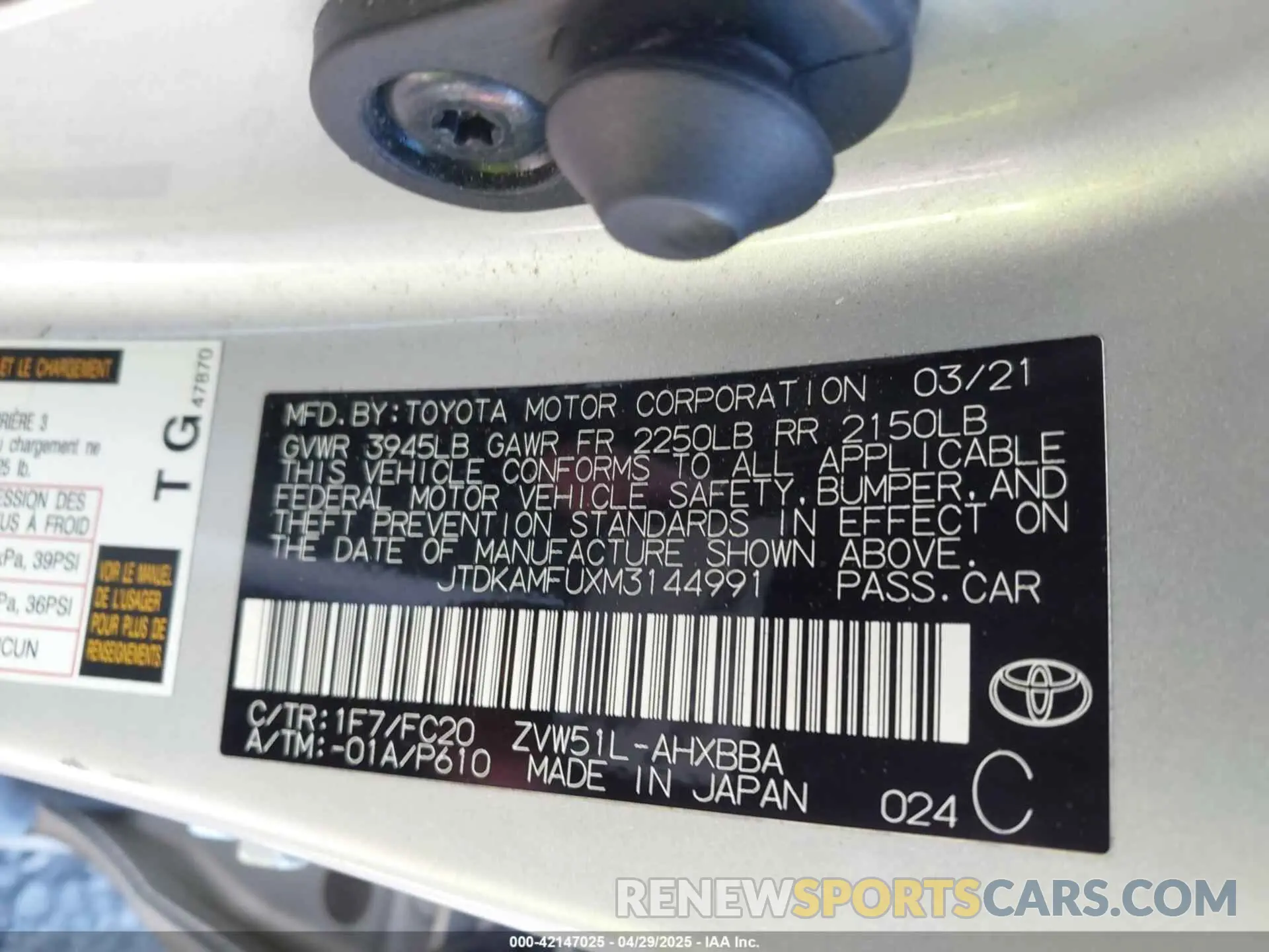 9 Фотография поврежденного автомобиля JTDKAMFUXM3144991 TOYOTA PRIUS 2021
