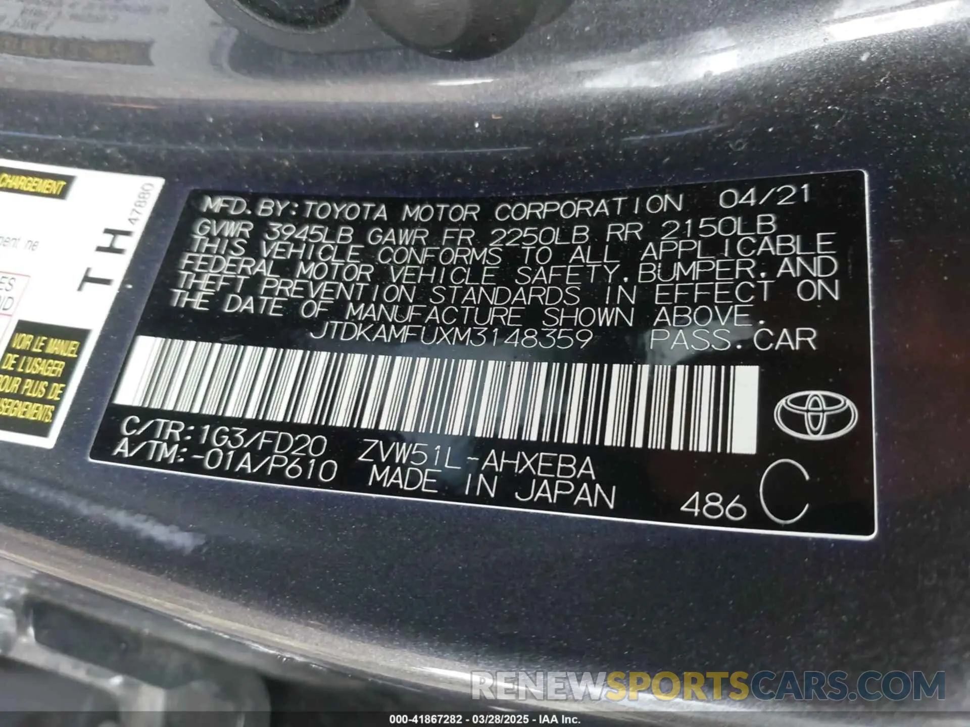 9 Photograph of a damaged car JTDKAMFUXM3148359 TOYOTA PRIUS 2021