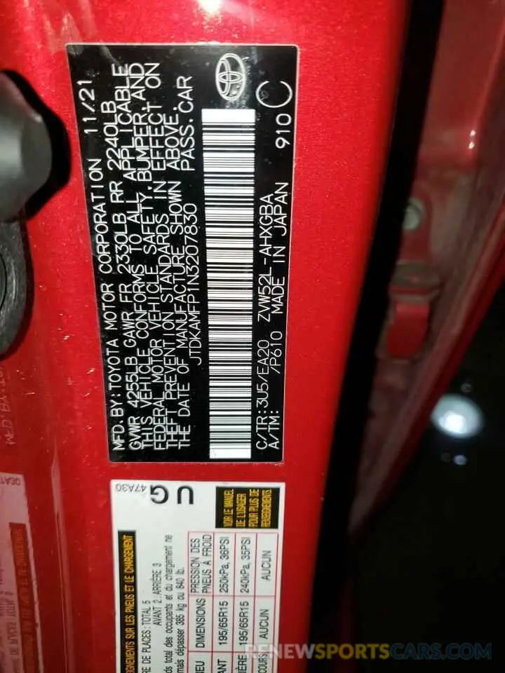 13 Photograph of a damaged car JTDKAMFP1N3207830 TOYOTA PRIUS 2022