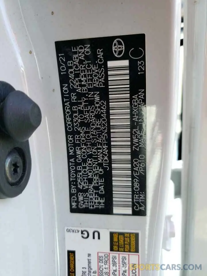 10 Photograph of a damaged car JTDKAMFP5N3204462 TOYOTA PRIUS 2022