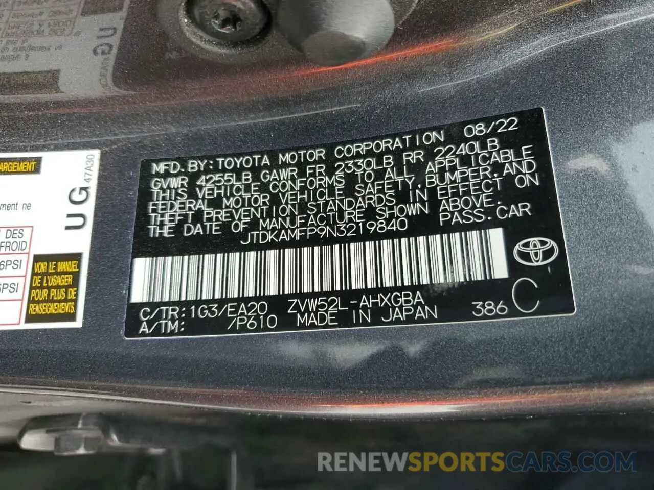13 Photograph of a damaged car JTDKAMFP9N3219840 TOYOTA PRIUS 2022