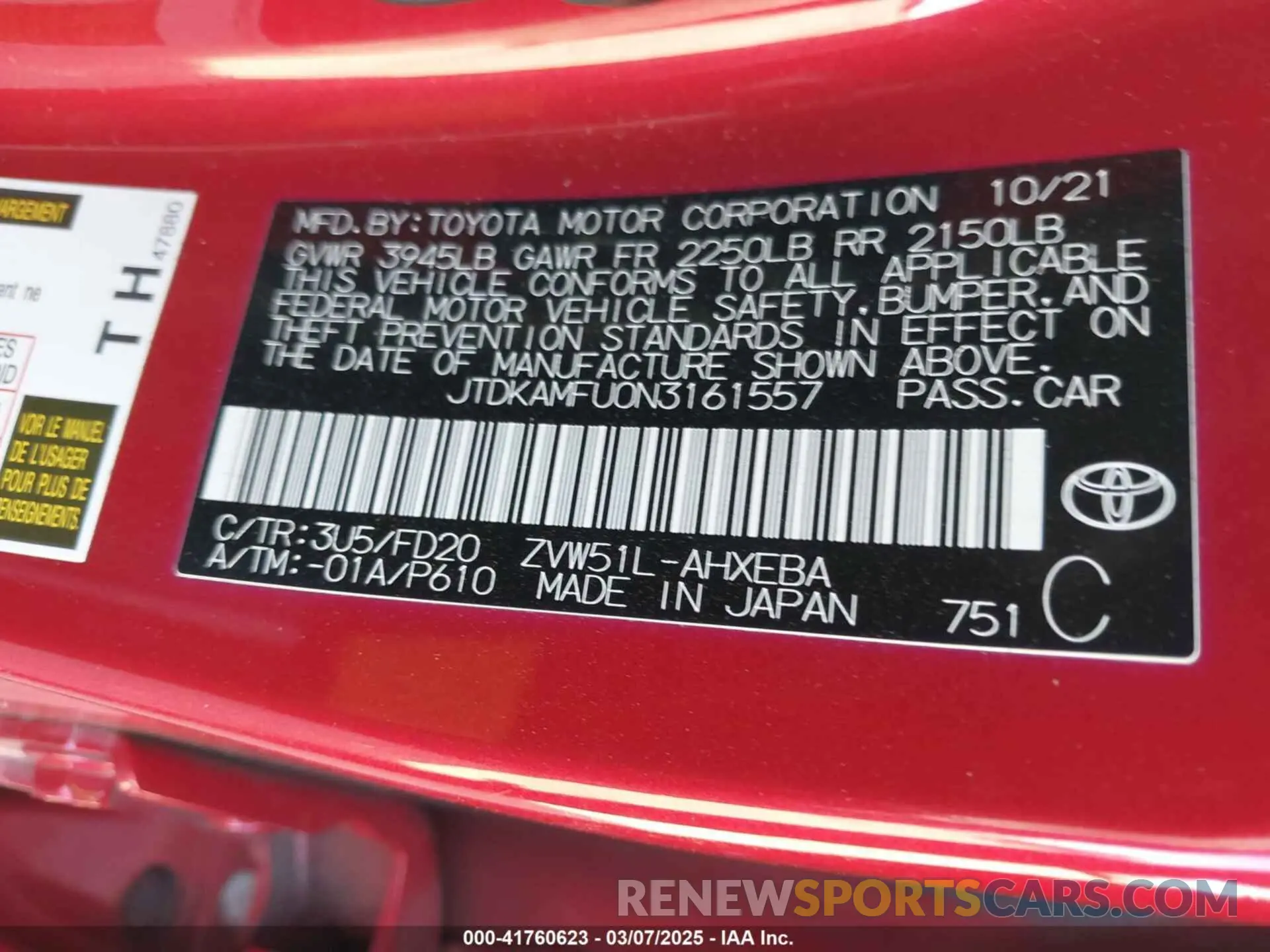 9 Фотография поврежденного автомобиля JTDKAMFU0N3161557 TOYOTA PRIUS 2022