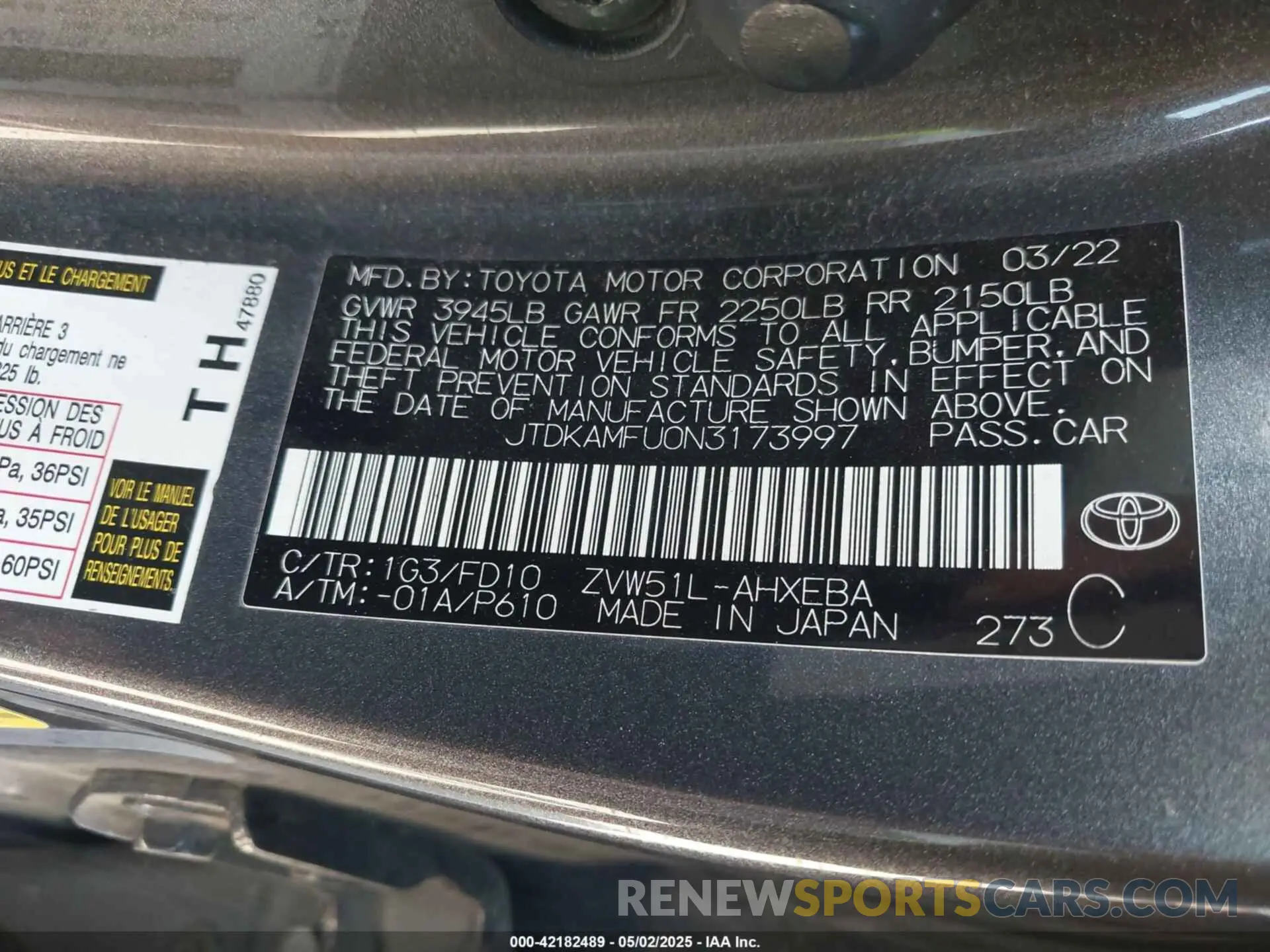 9 Фотография поврежденного автомобиля JTDKAMFU0N3173997 TOYOTA PRIUS 2022