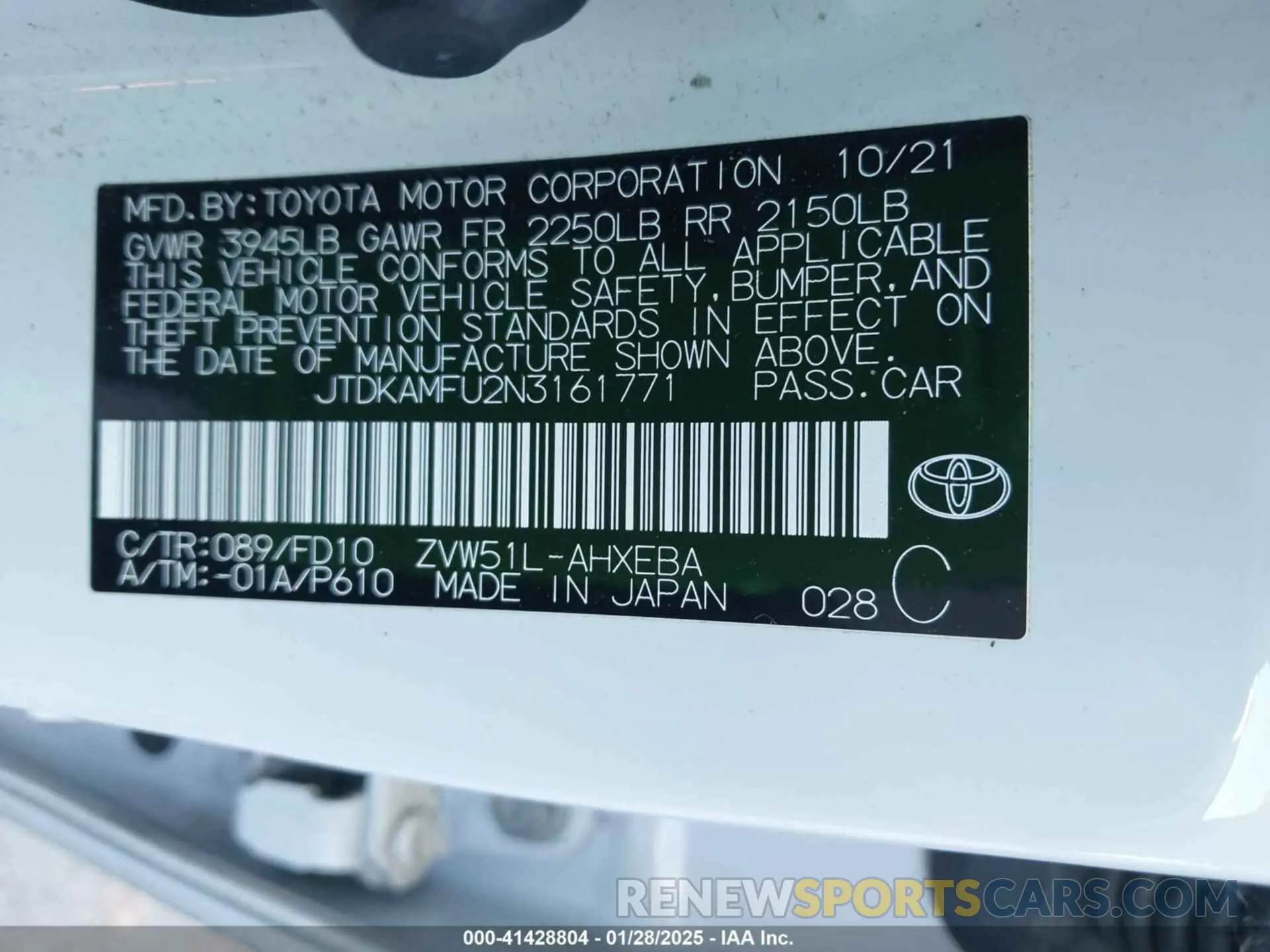 9 Фотография поврежденного автомобиля JTDKAMFU2N3161771 TOYOTA PRIUS 2022