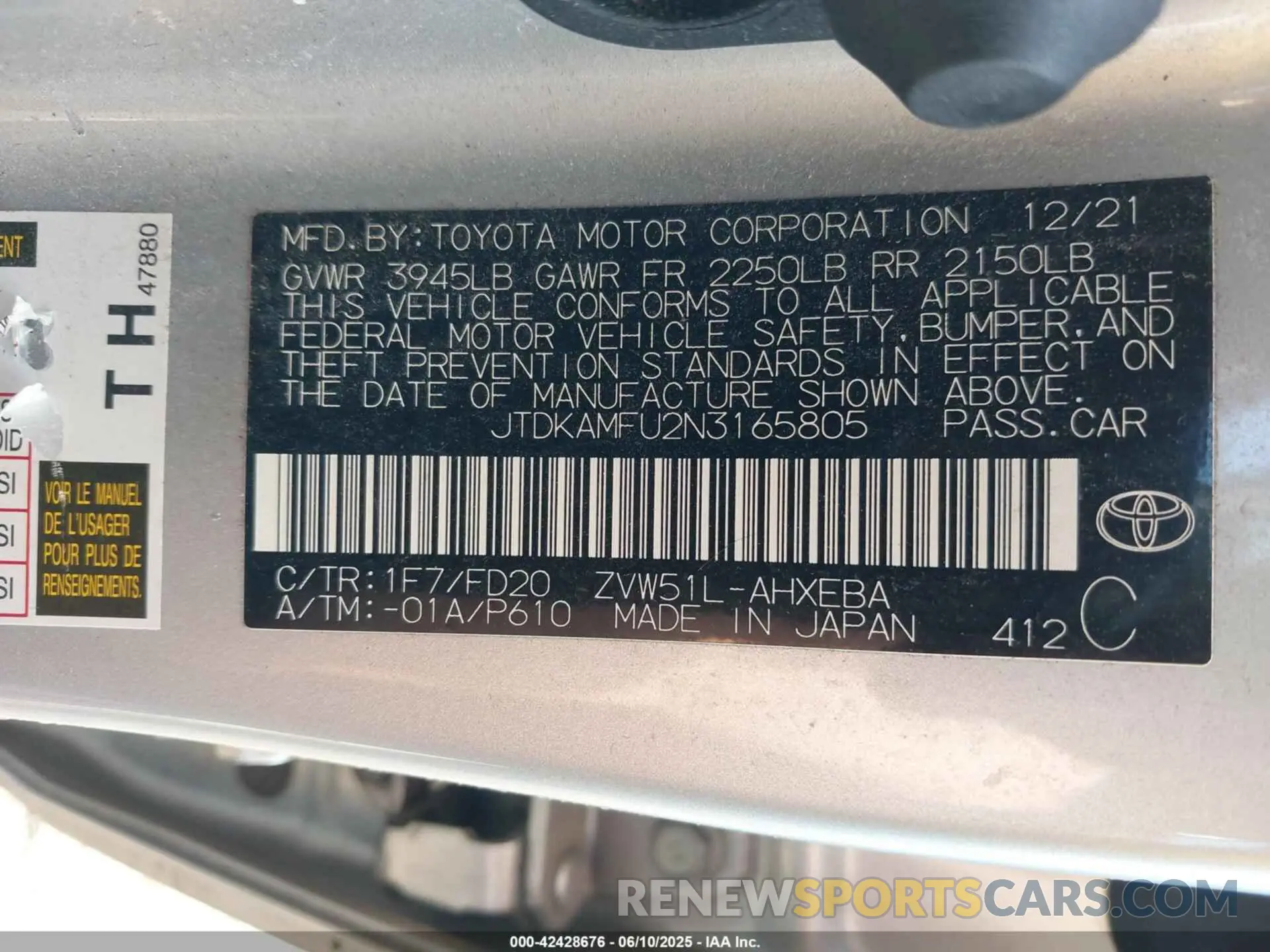 9 Фотография поврежденного автомобиля JTDKAMFU2N3165805 TOYOTA PRIUS 2022