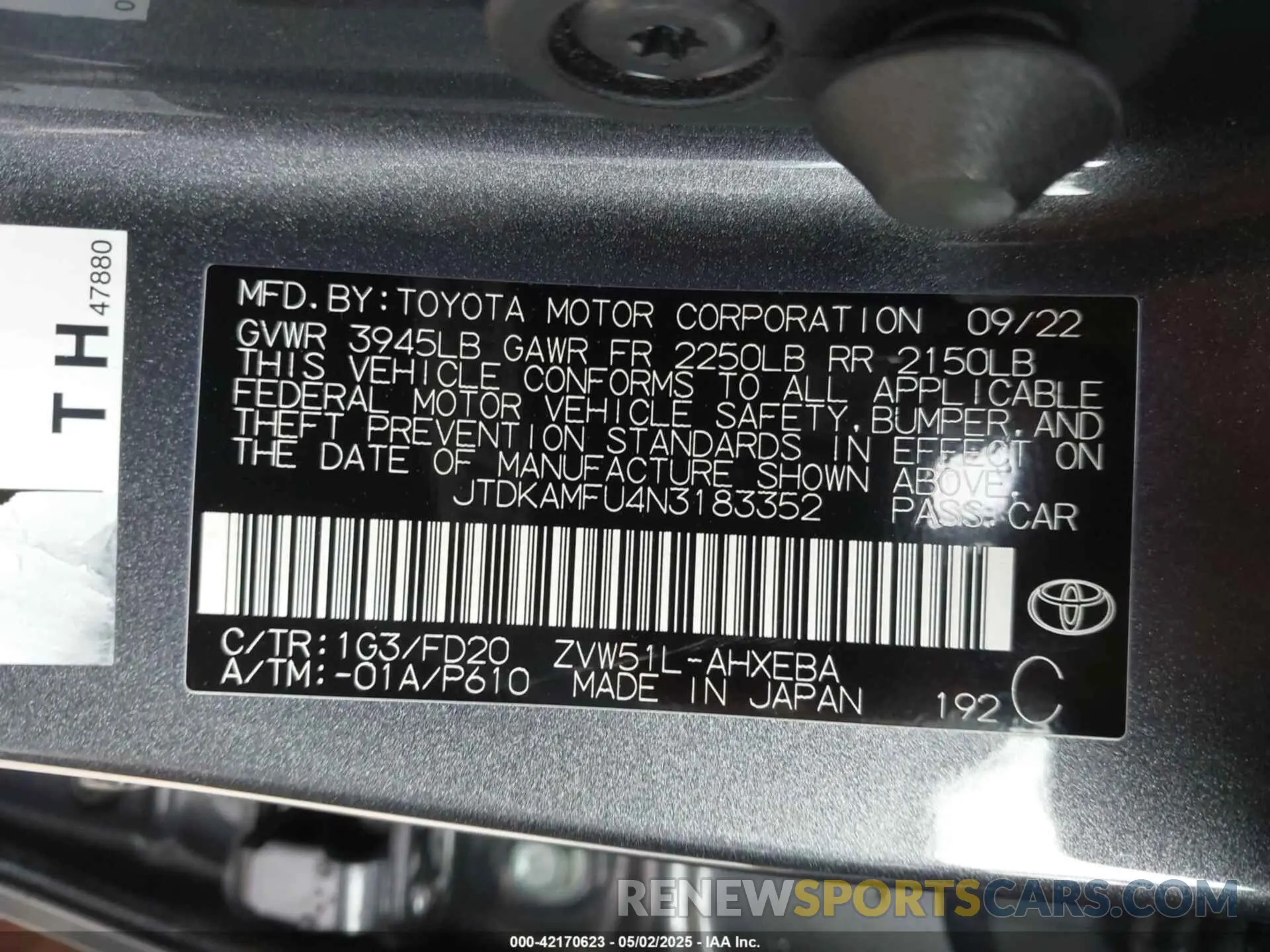 9 Фотография поврежденного автомобиля JTDKAMFU4N3183352 TOYOTA PRIUS 2022