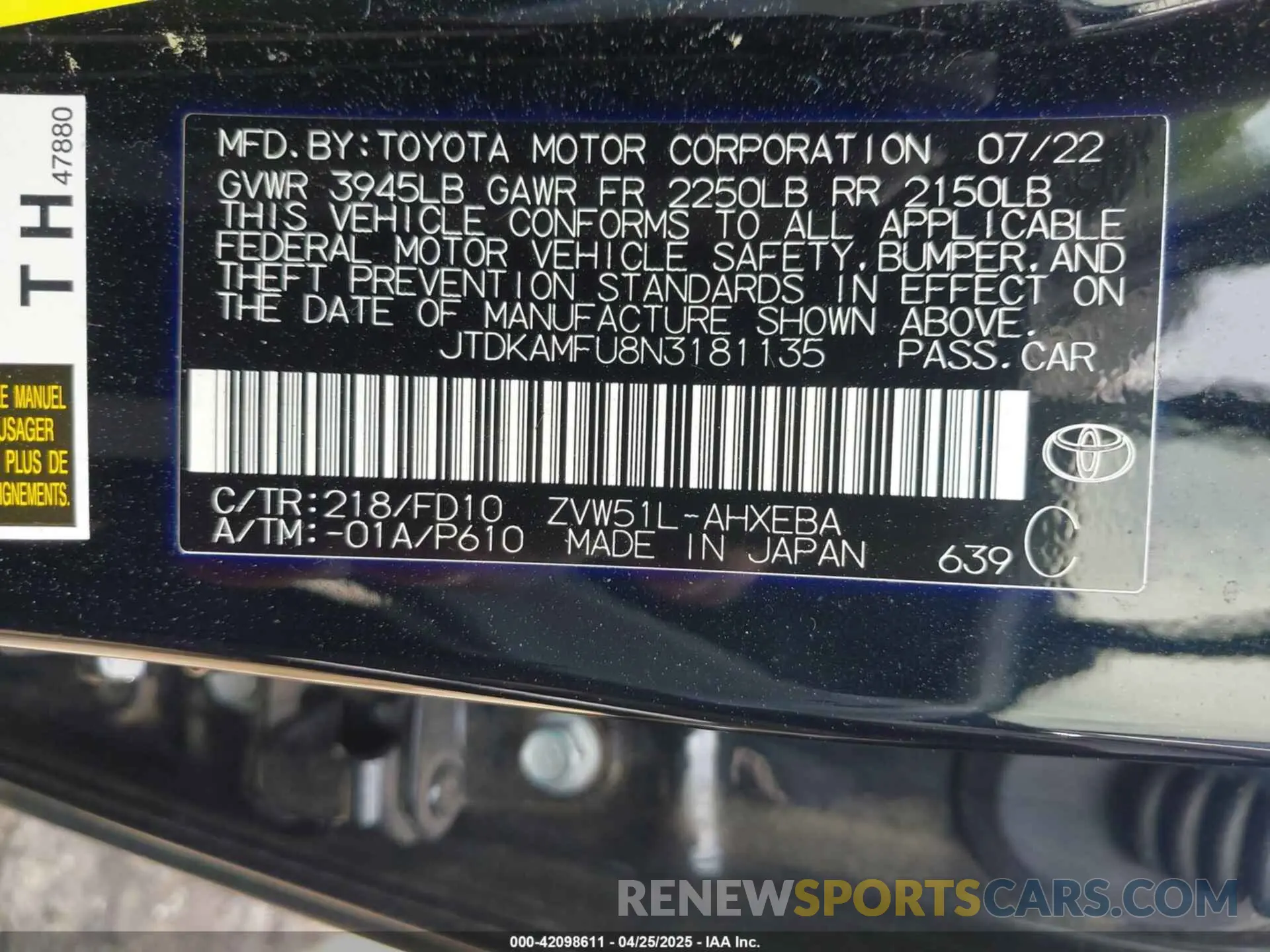 9 Photograph of a damaged car JTDKAMFU8N3181135 TOYOTA PRIUS 2022