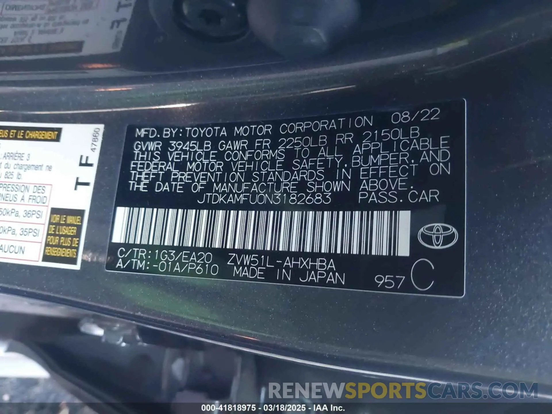 9 Фотография поврежденного автомобиля JTDKAMFUON3182683 TOYOTA PRIUS 2022