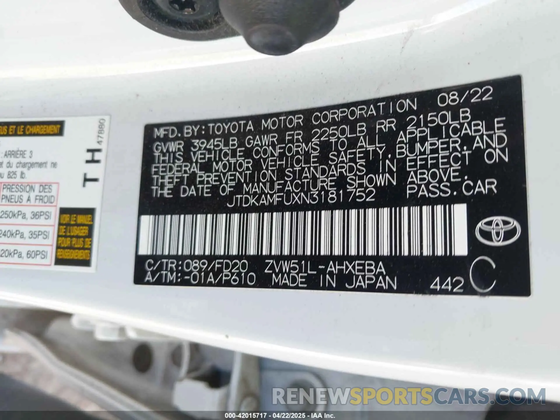 9 Фотография поврежденного автомобиля JTDKAMFUXN3181752 TOYOTA PRIUS 2022