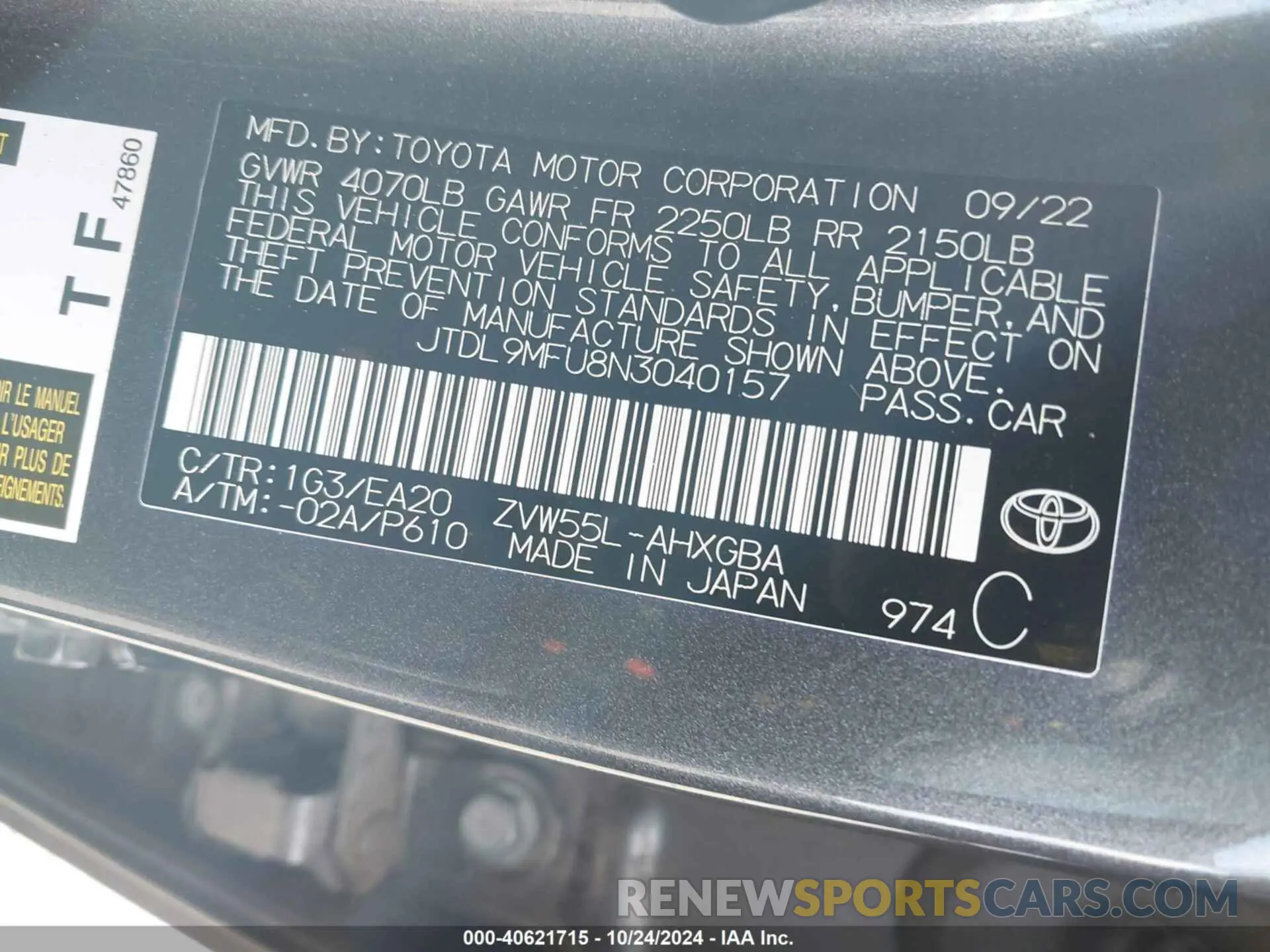 9 Фотография поврежденного автомобиля JTDL9MFU8N3040157 TOYOTA PRIUS 2022