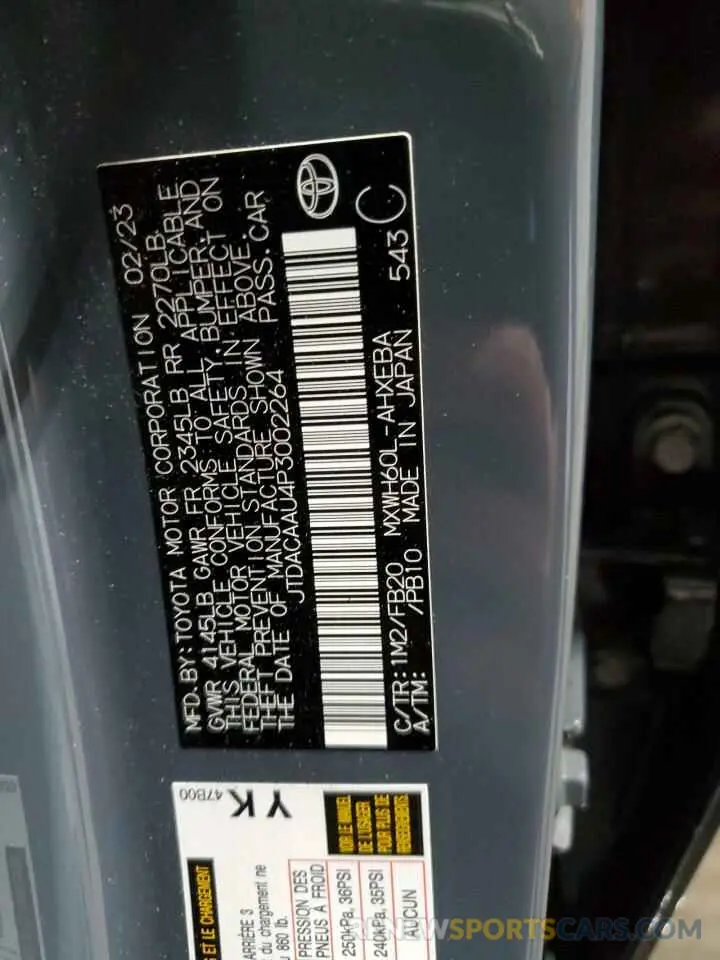 12 Фотография поврежденного автомобиля JTDACAAU4P3002264 TOYOTA PRIUS 2023