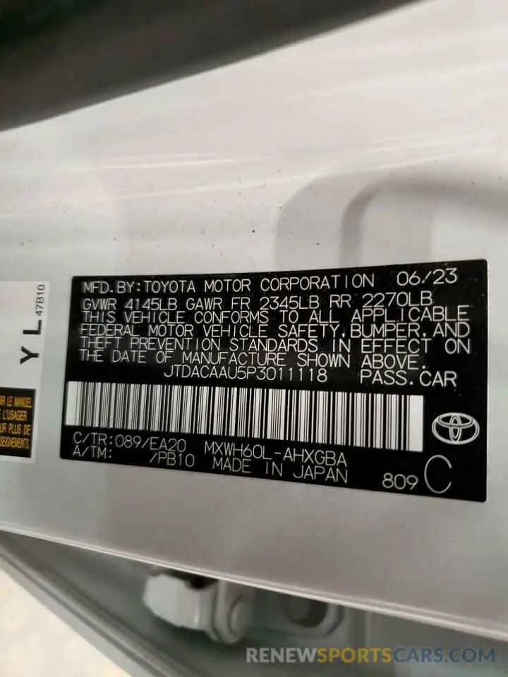 12 Фотография поврежденного автомобиля JTDACAAU5P3011118 TOYOTA PRIUS 2023