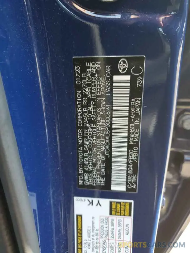 12 Photograph of a damaged car JTDACAAU8P3000694 TOYOTA PRIUS 2023