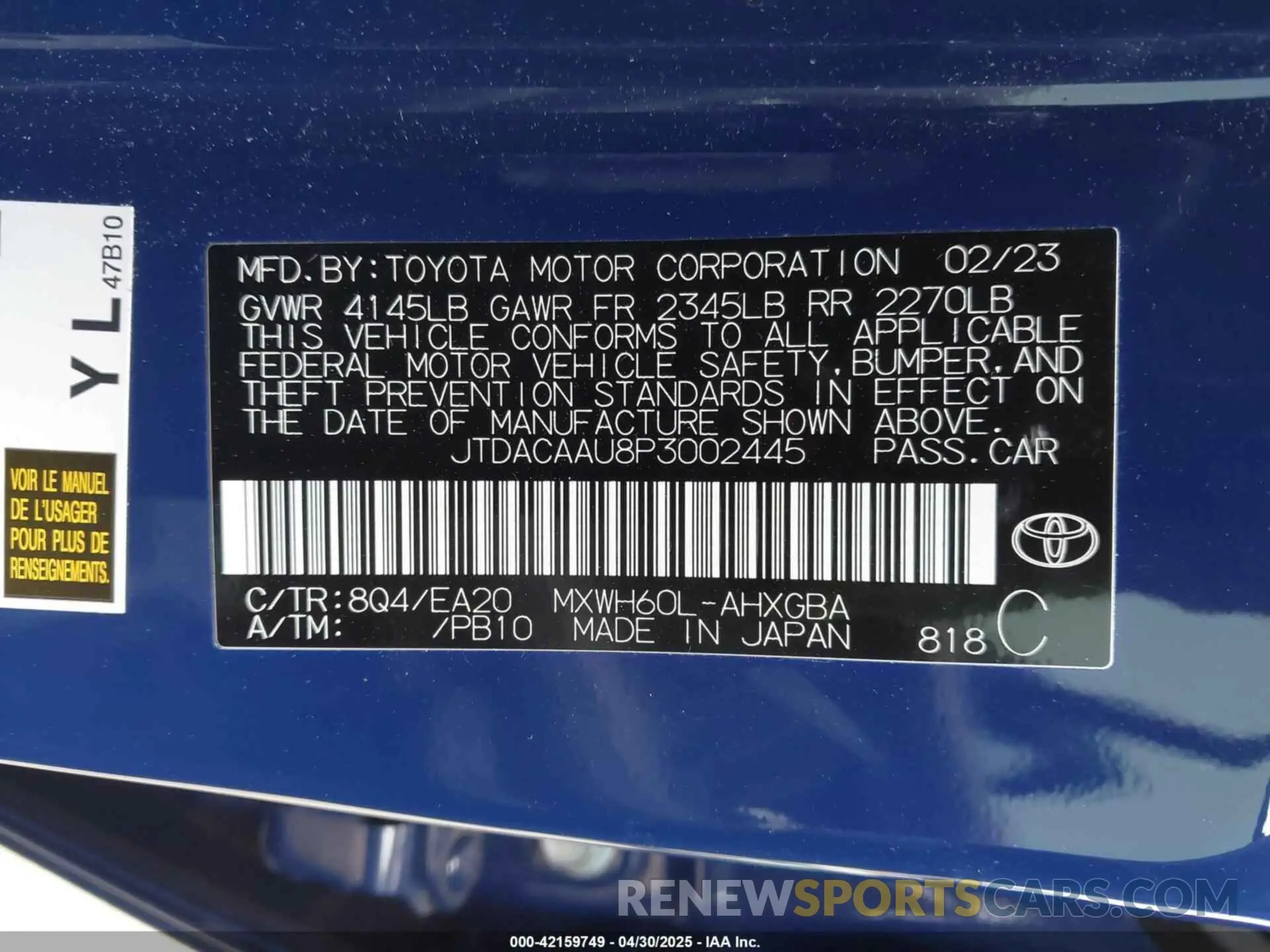 9 Фотография поврежденного автомобиля JTDACAAU8P3002445 TOYOTA PRIUS 2023