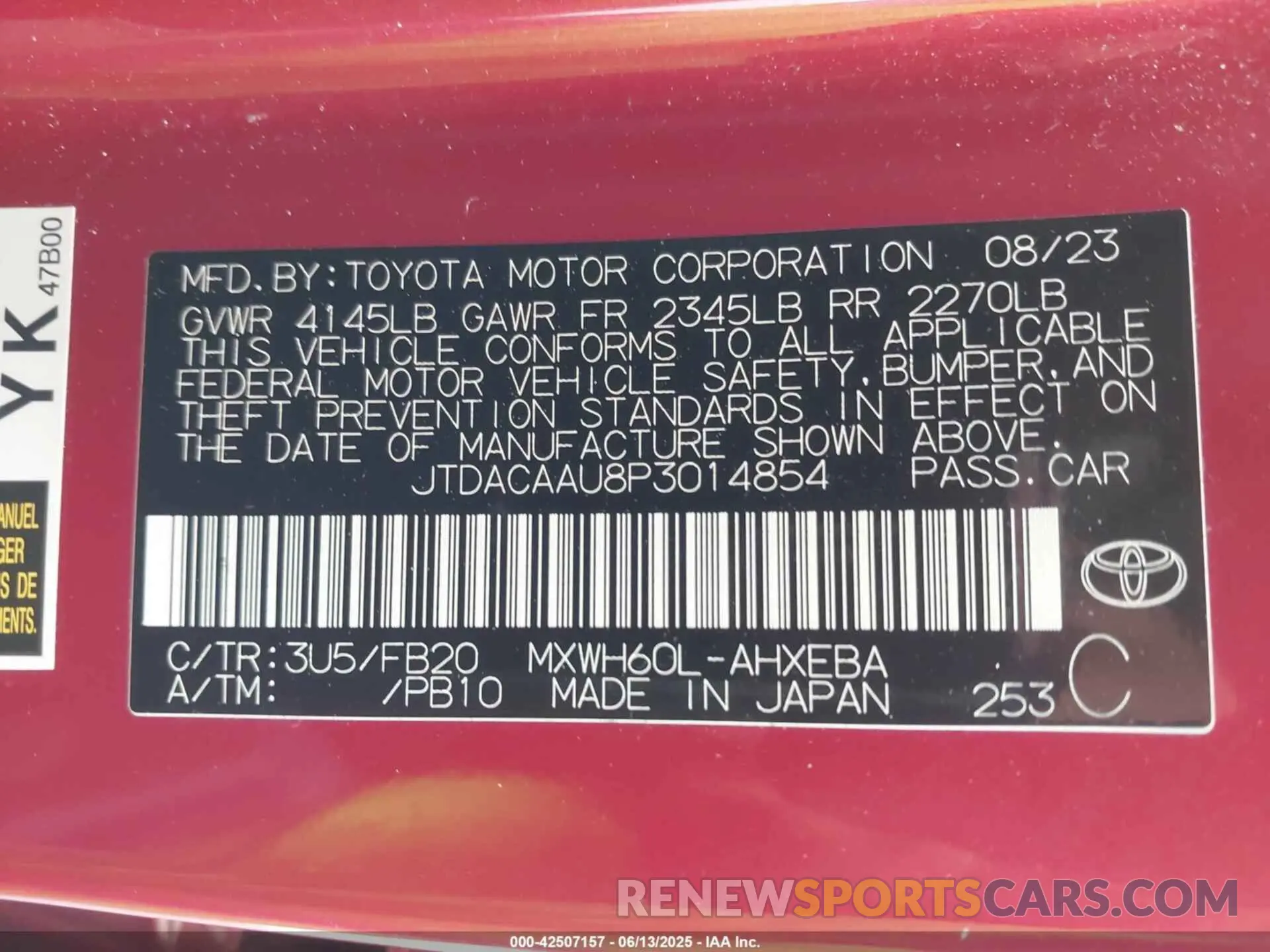 9 Photograph of a damaged car JTDACAAU8P3014854 TOYOTA PRIUS 2023