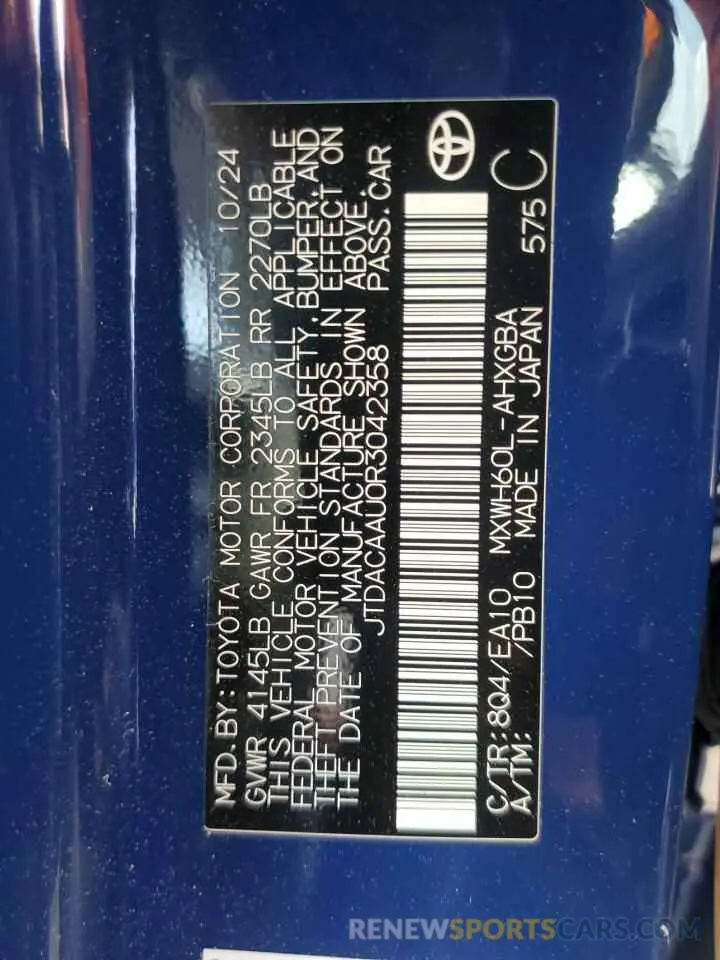 13 Photograph of a damaged car JTDACAAU0R3042358 TOYOTA PRIUS 2024