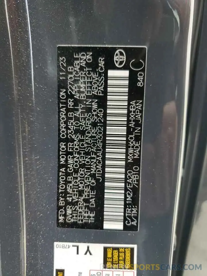 12 Фотография поврежденного автомобиля JTDACAAU4R3021240 TOYOTA PRIUS 2024