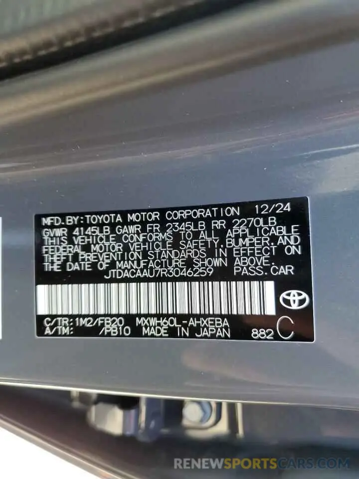 12 Фотография поврежденного автомобиля JTDACAAU7R3046259 TOYOTA PRIUS 2024