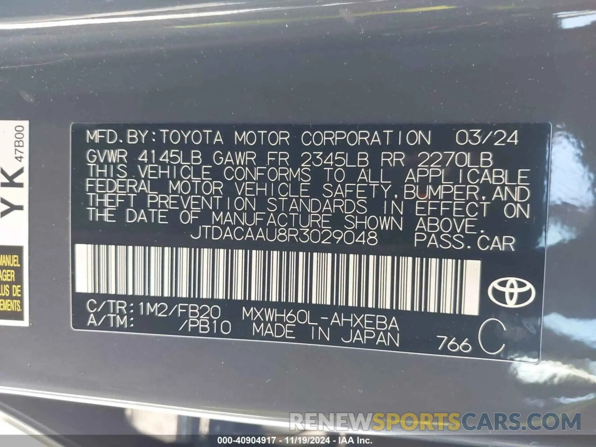 9 Photograph of a damaged car JTDACAAU8R3029048 TOYOTA PRIUS 2024