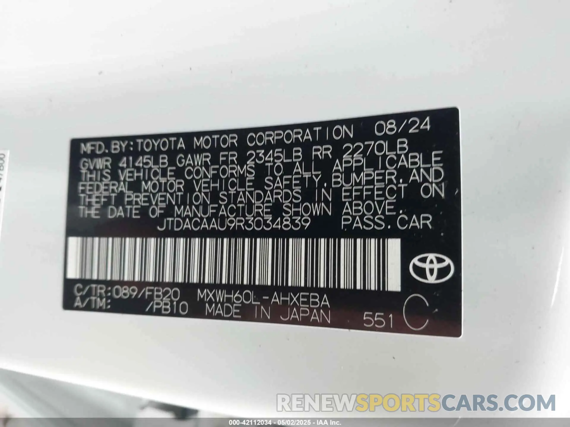 9 Фотография поврежденного автомобиля JTDACAAU9R3034839 TOYOTA PRIUS 2024