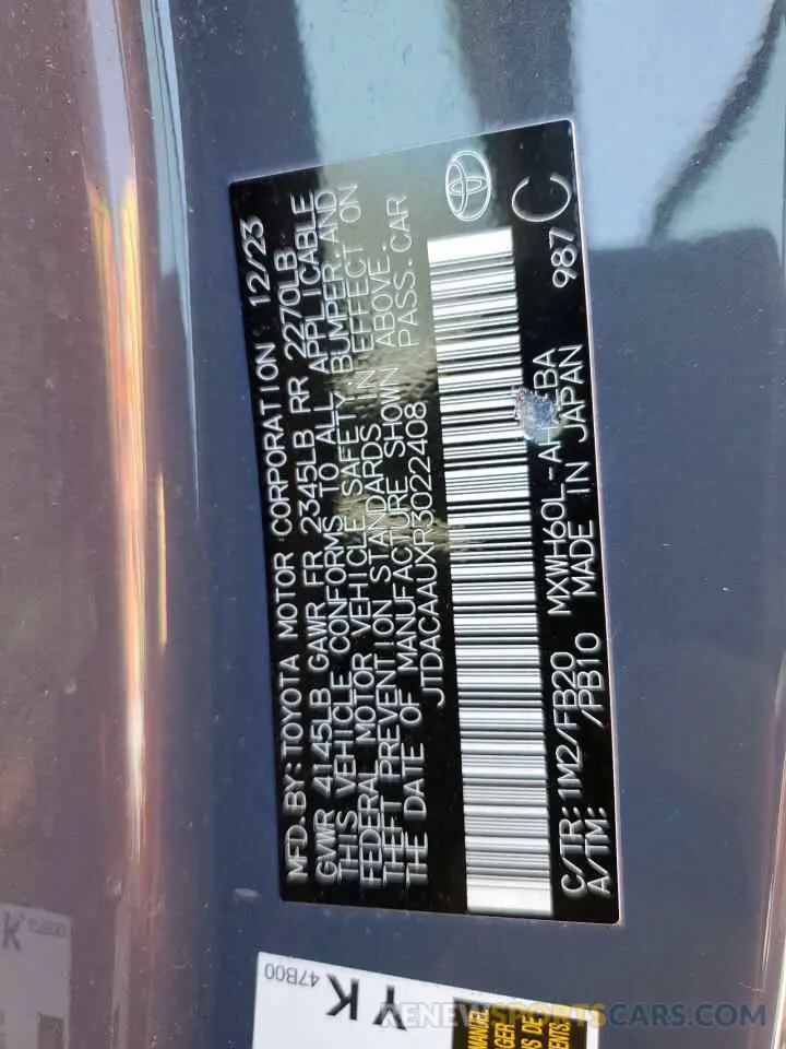 12 Фотография поврежденного автомобиля JTDACAAUXR3022408 TOYOTA PRIUS 2024
