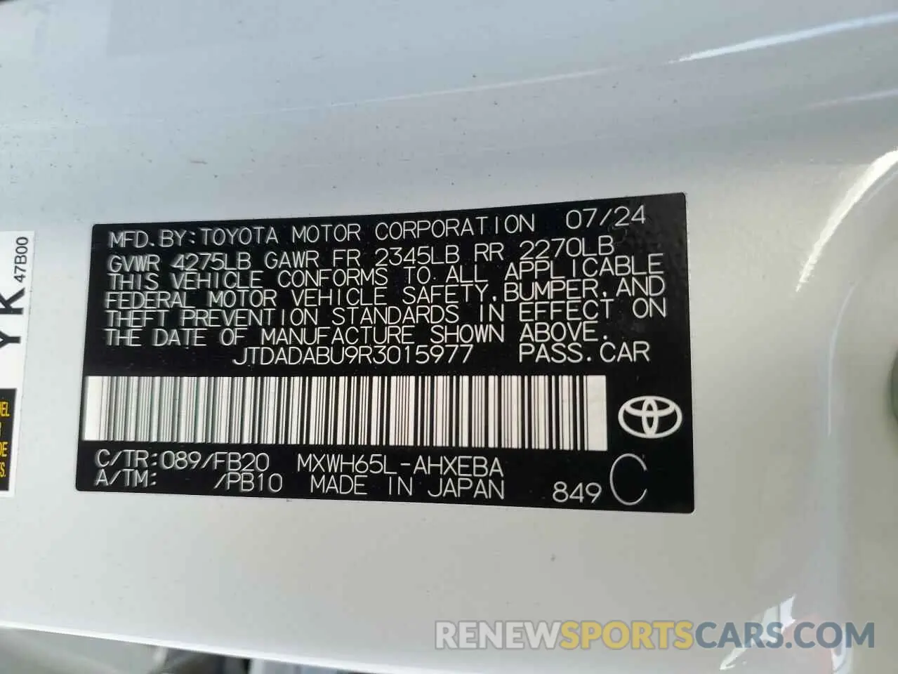 12 Фотография поврежденного автомобиля JTDADABU9R3015977 TOYOTA PRIUS 2024
