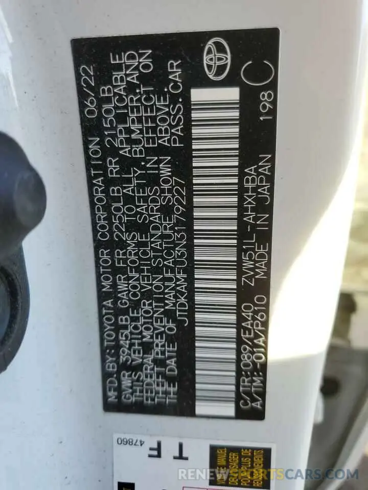12 Фотография поврежденного автомобиля JTDKAMFU3N3179227 TOYOTA PRIUS NIGH 2022