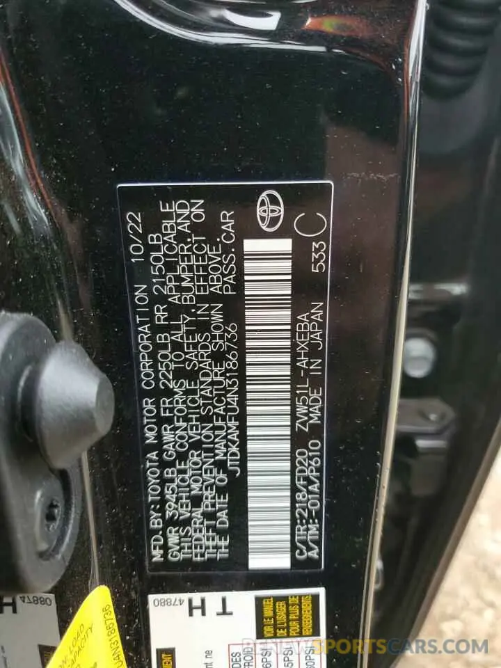 12 Фотография поврежденного автомобиля JTDKAMFU4N3186736 TOYOTA PRIUS NIGH 2022