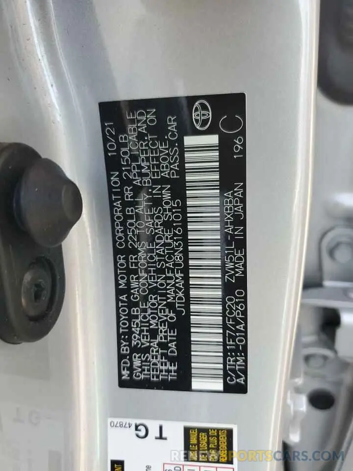 10 Photograph of a damaged car JTDKAMFU8N3161015 TOYOTA PRIUS NIGH 2022