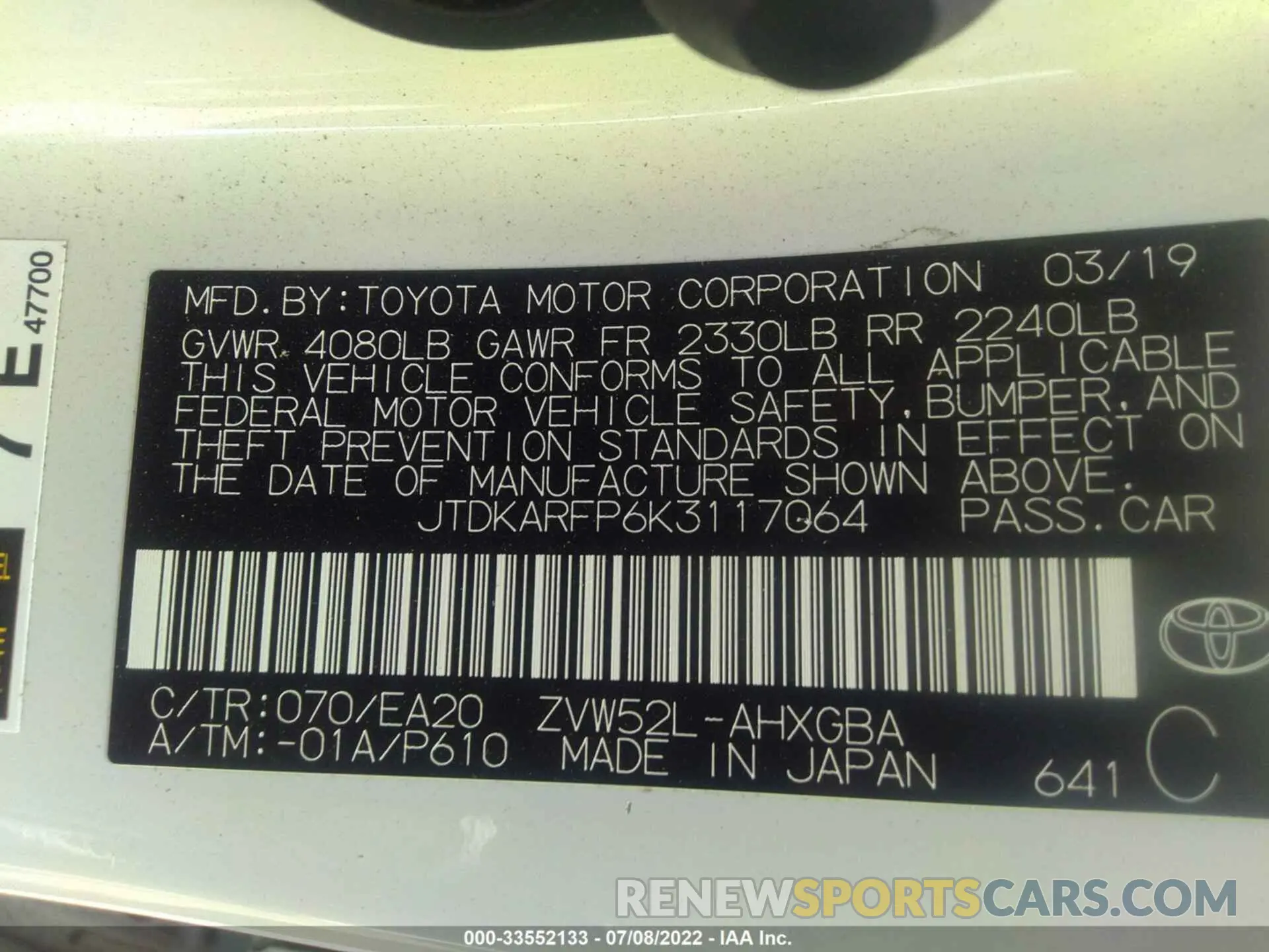 9 Photograph of a damaged car JTDKARFP6K3117064 TOYOTA PRIUS PRIME 2019