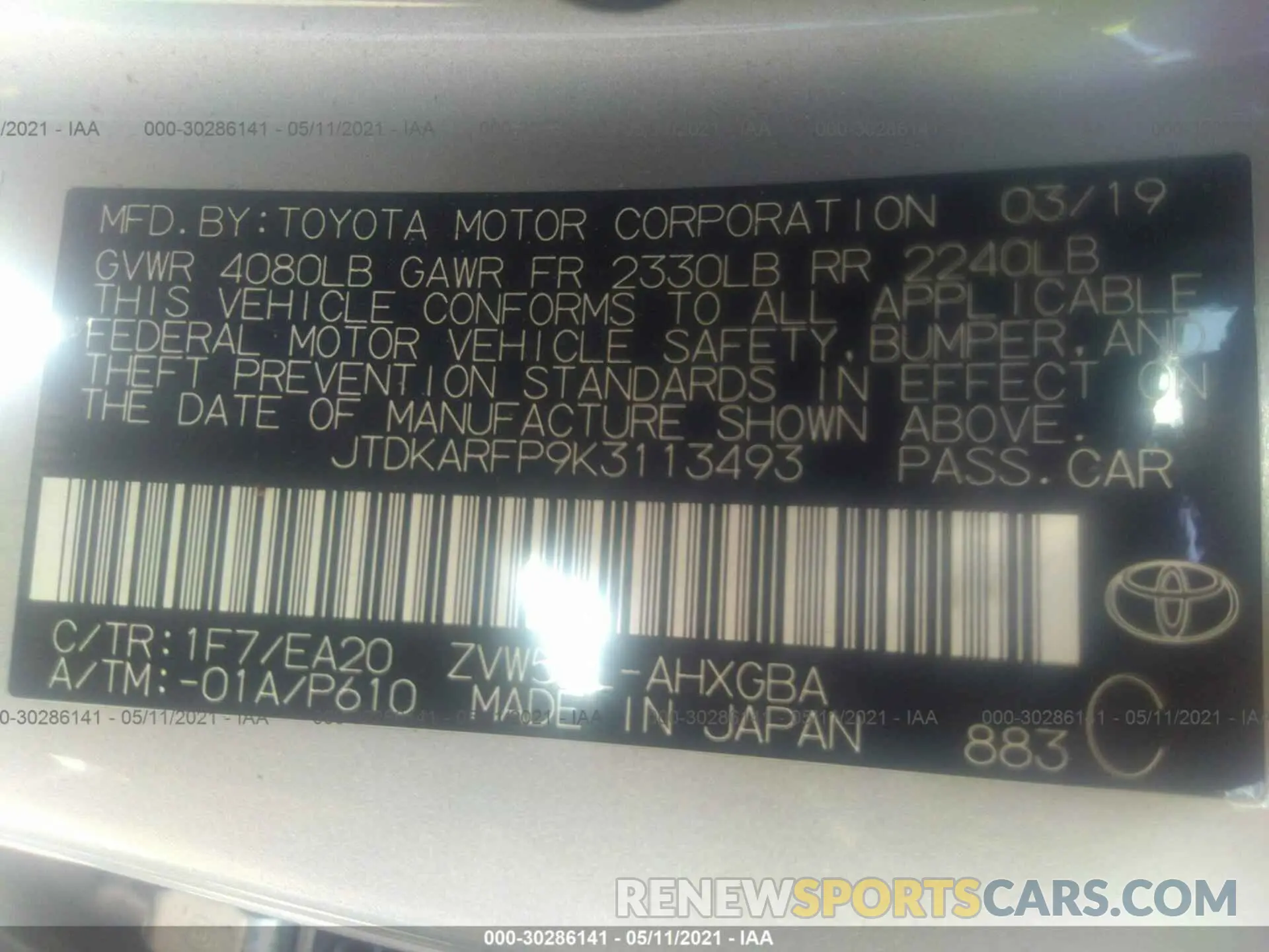 9 Photograph of a damaged car JTDKARFP9K3113493 TOYOTA PRIUS PRIME 2019