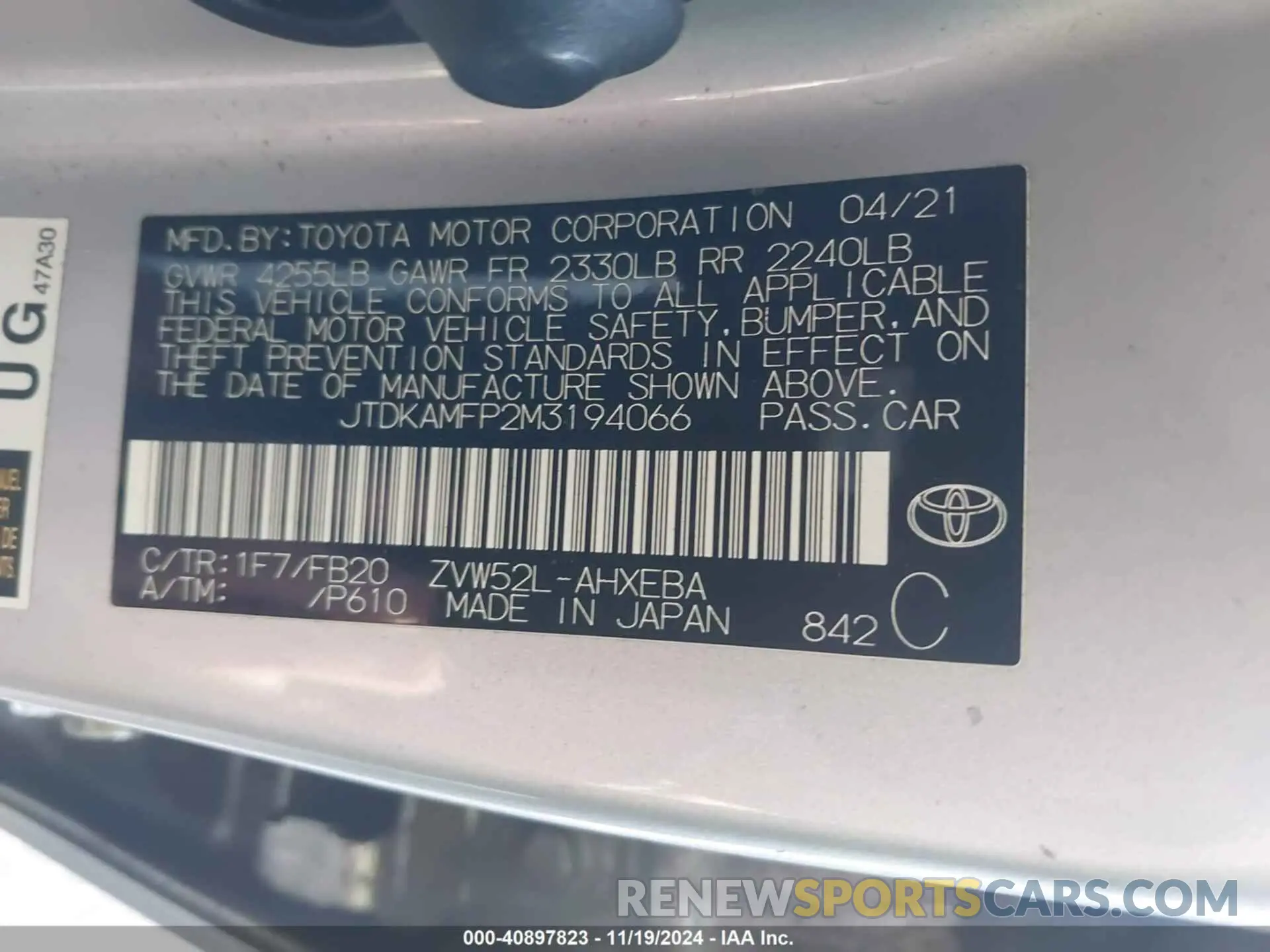 9 Фотография поврежденного автомобиля JTDKAMFP2M3194066 TOYOTA PRIUS PRIME 2021