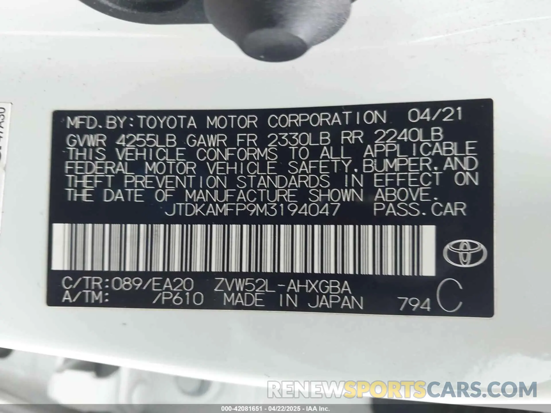 9 Фотография поврежденного автомобиля JTDKAMFP9M3194047 TOYOTA PRIUS PRIME 2021