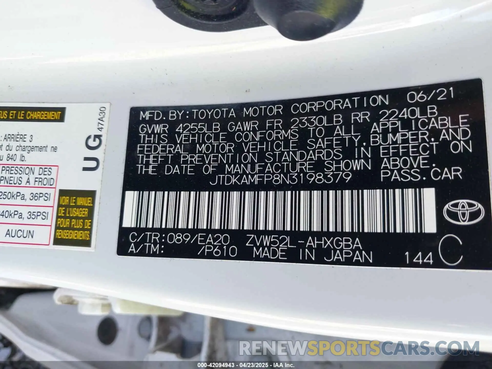9 Фотография поврежденного автомобиля JTDKAMFP8N3198379 TOYOTA PRIUS PRIME 2022