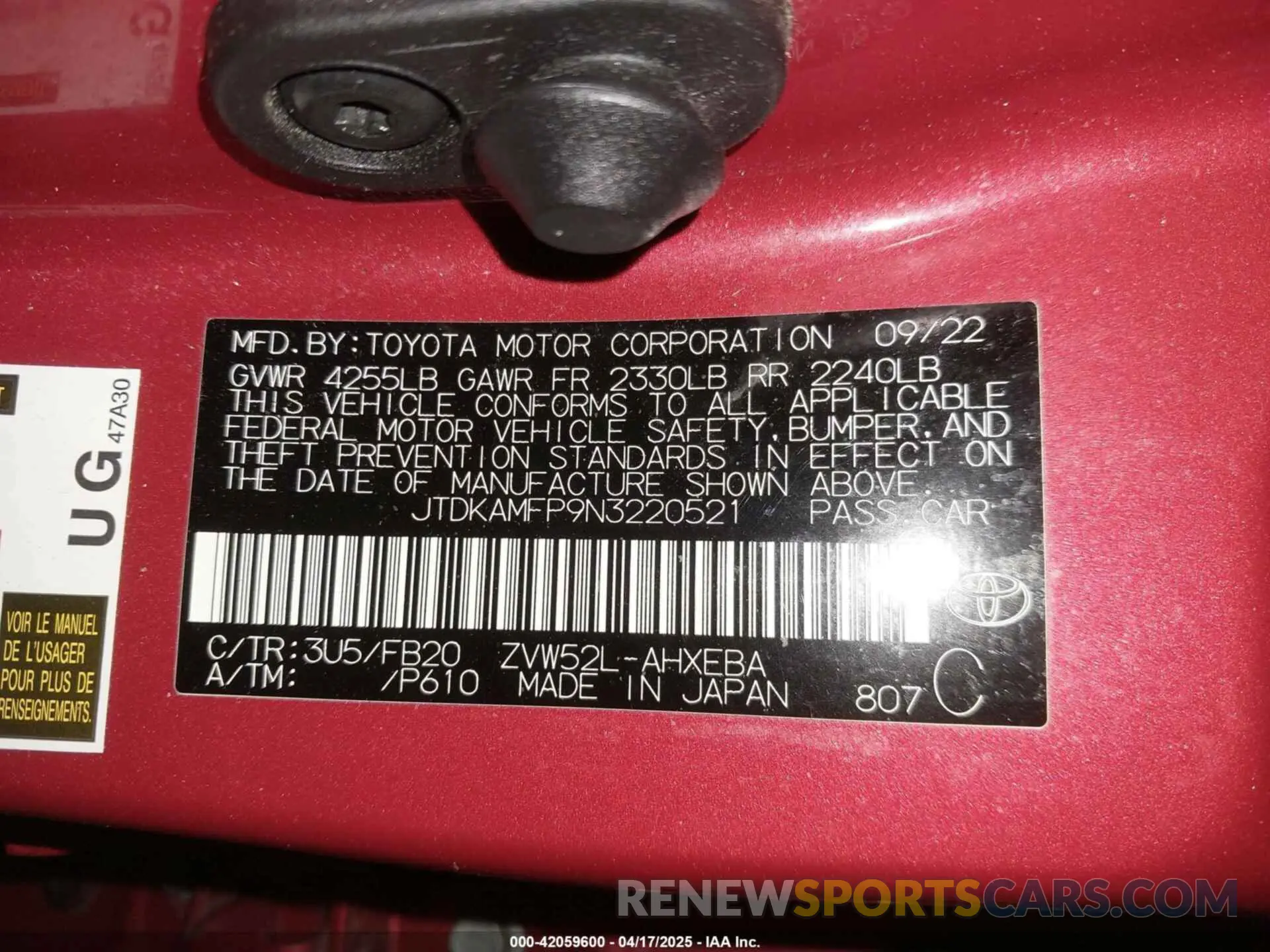 9 Фотография поврежденного автомобиля JTDKAMFP9N3220521 TOYOTA PRIUS PRIME 2022