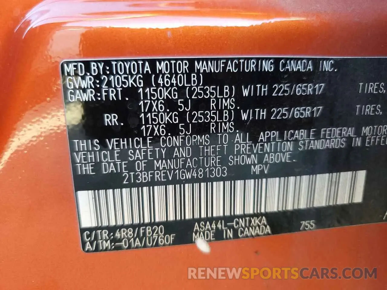 12 Фотография поврежденного автомобиля 2T3BFREV1GW481303 TOYOTA RAV4 2016
