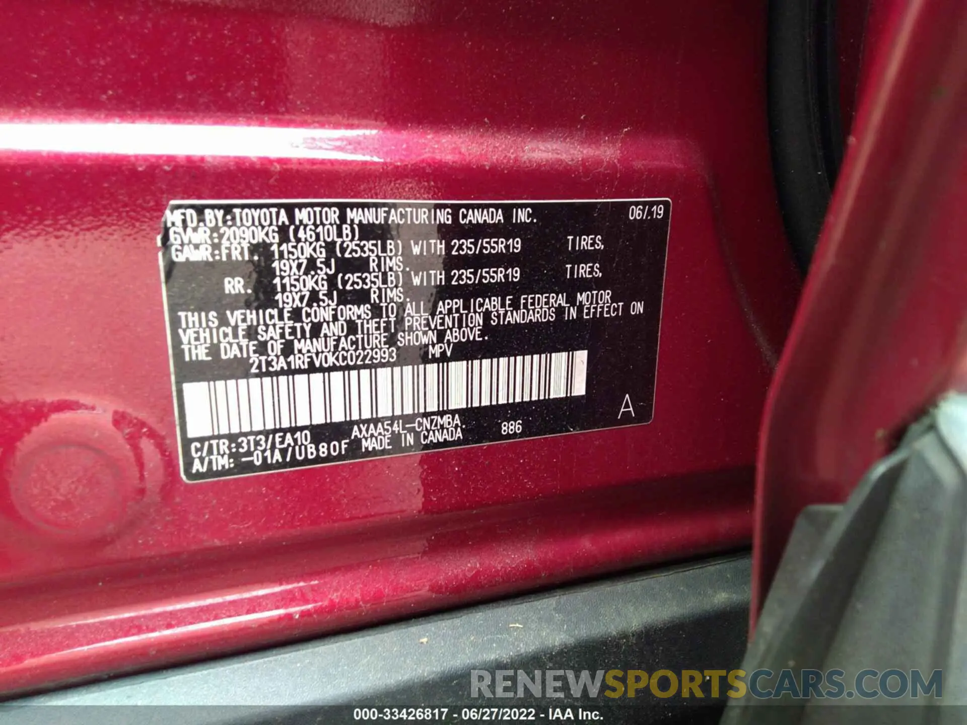 9 Photograph of a damaged car 2T3A1RFV0KC022993 TOYOTA RAV4 2019