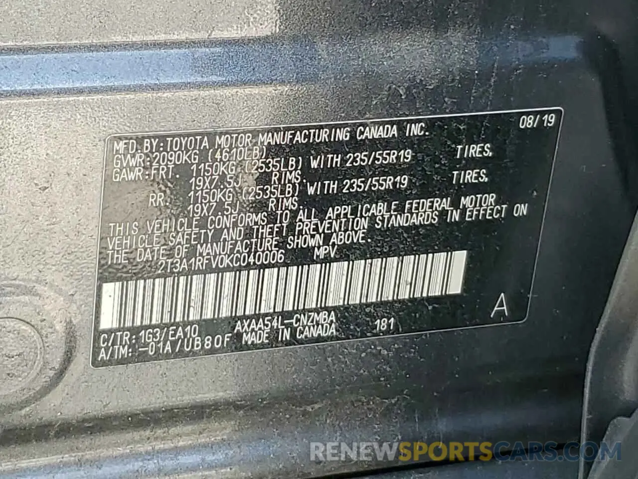 13 Photograph of a damaged car 2T3A1RFV0KC040006 TOYOTA RAV4 2019
