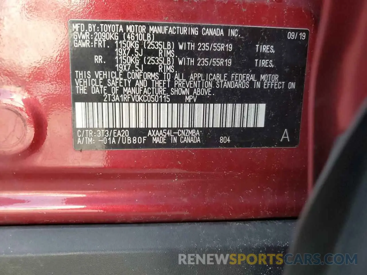 15 Photograph of a damaged car 2T3A1RFV0KC050115 TOYOTA RAV4 2019