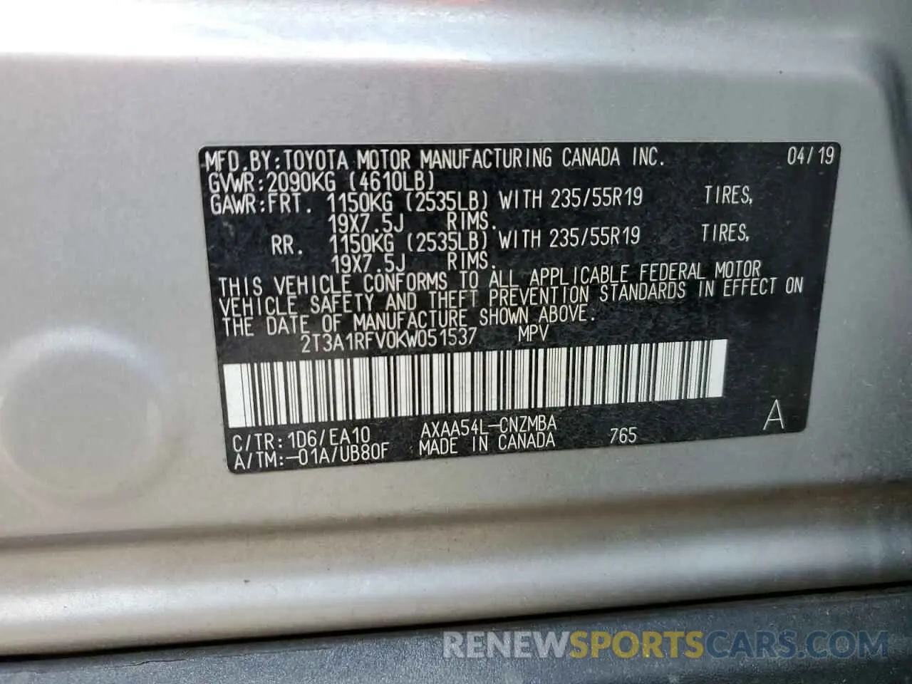 12 Photograph of a damaged car 2T3A1RFV0KW051537 TOYOTA RAV4 2019