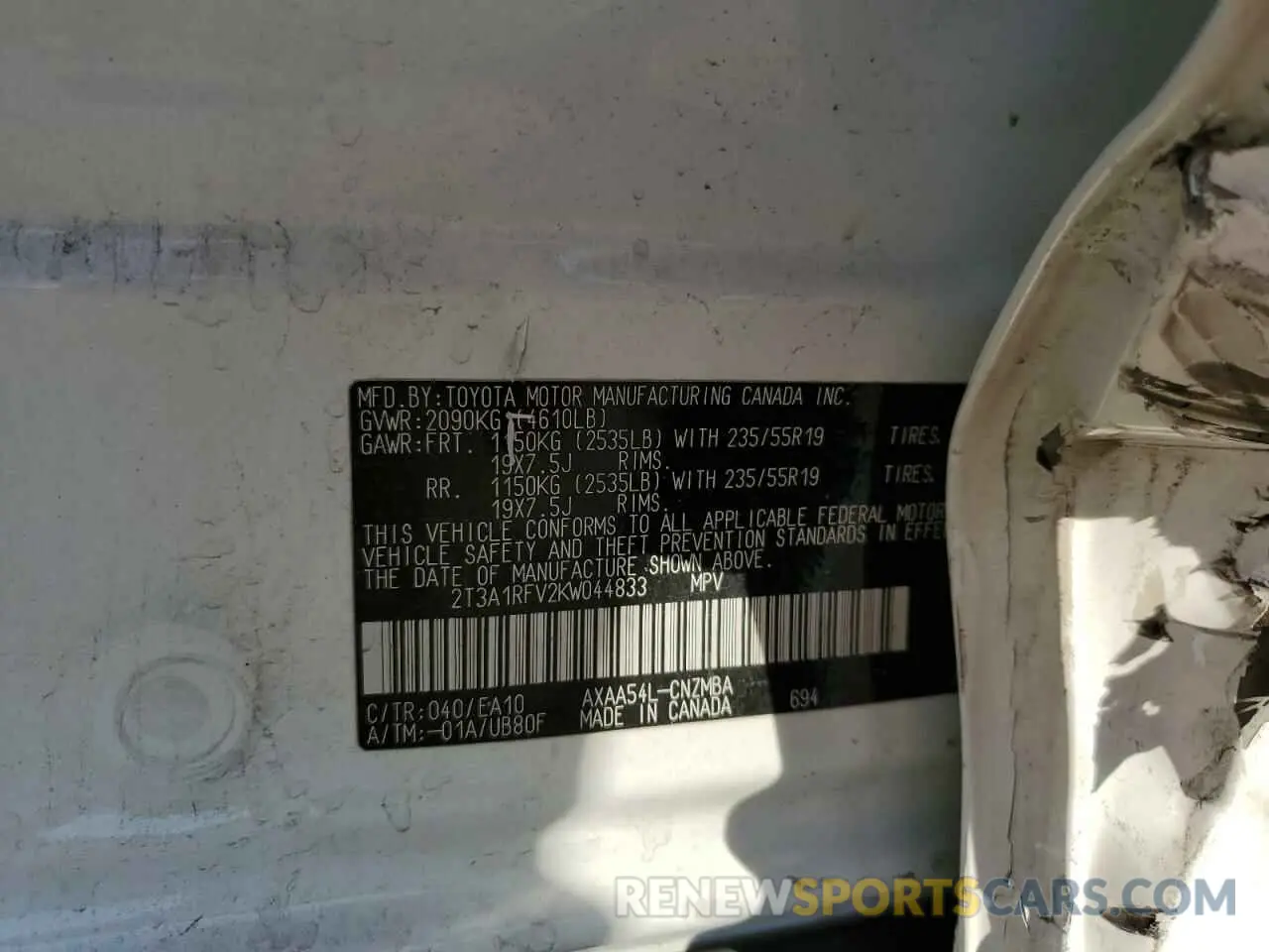 12 Photograph of a damaged car 2T3A1RFV2KW044833 TOYOTA RAV4 2019